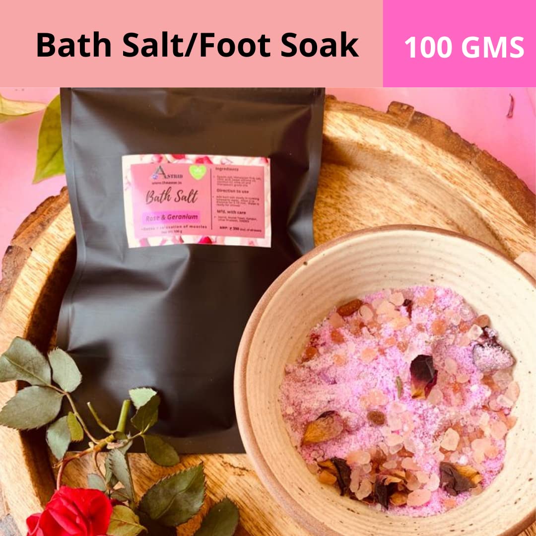 Astrid Rose & Geranium Bath Salt – 100g Natural Relaxation Bath Soak for Stress Relief, Foot Spa, Aromatherapy | Paraben & Sulfate-Free | Perfect for Self-Care, Gift Sets & Luxury Bath Time