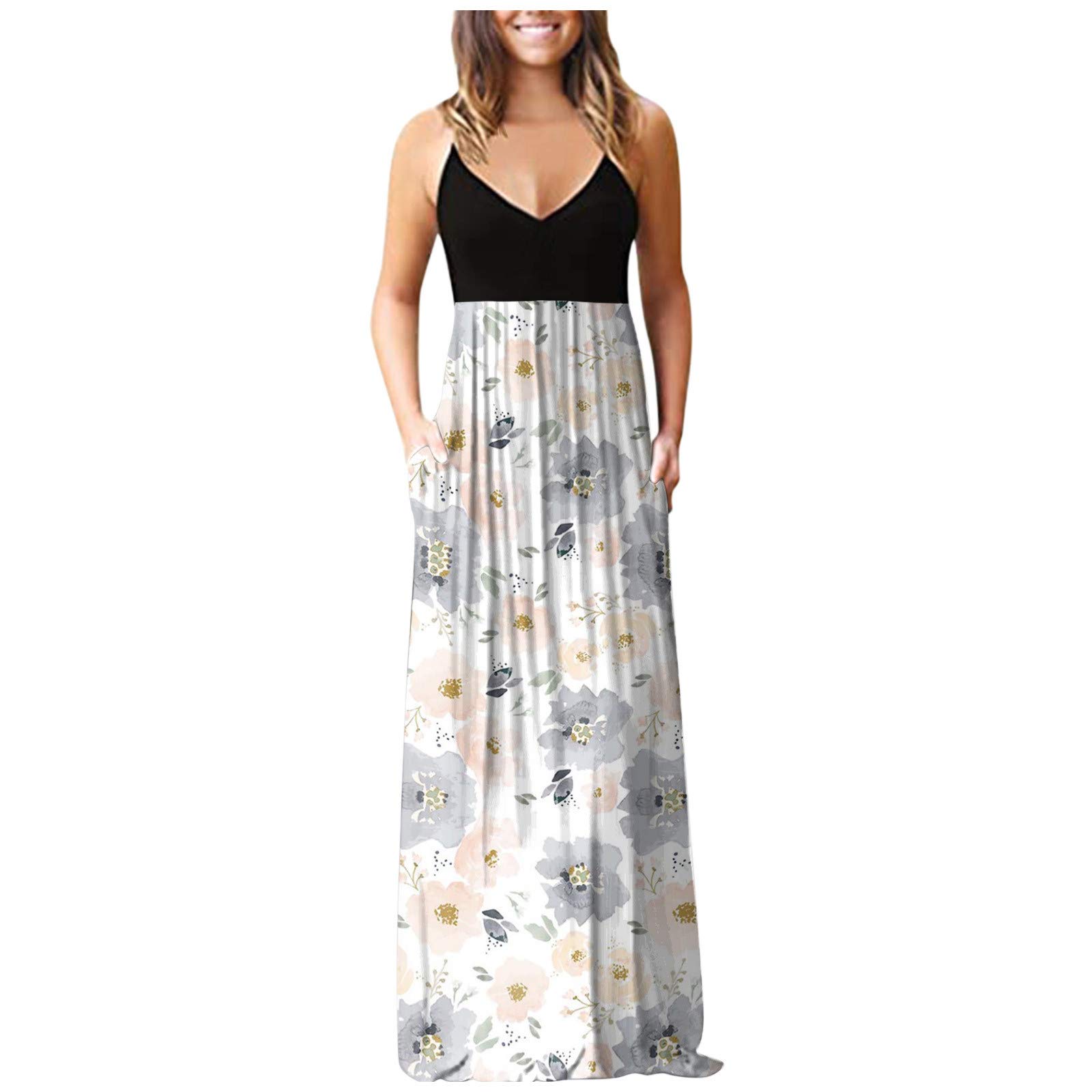 Women's Floral Print Sleeveless Maxi Dress with Pockets - Casual Loose Summer Beach Dress for Outdoor Parties, Vacations & Date Nights