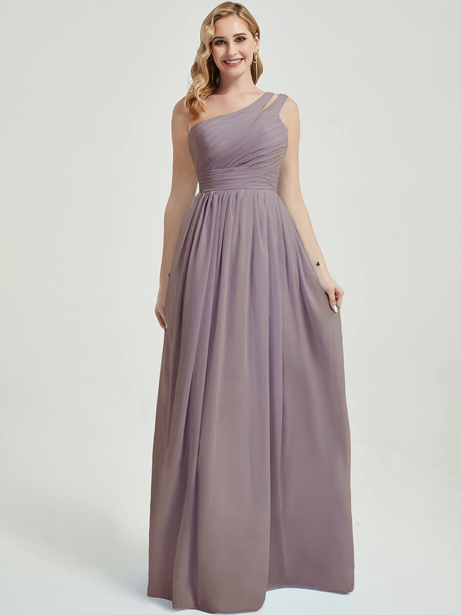 Elegant Dusk Pleated One Shoulder A-Line Floor Length Chiffon Bridesmaid Dress - Perfect for Weddings, Formal Events & Evening Parties