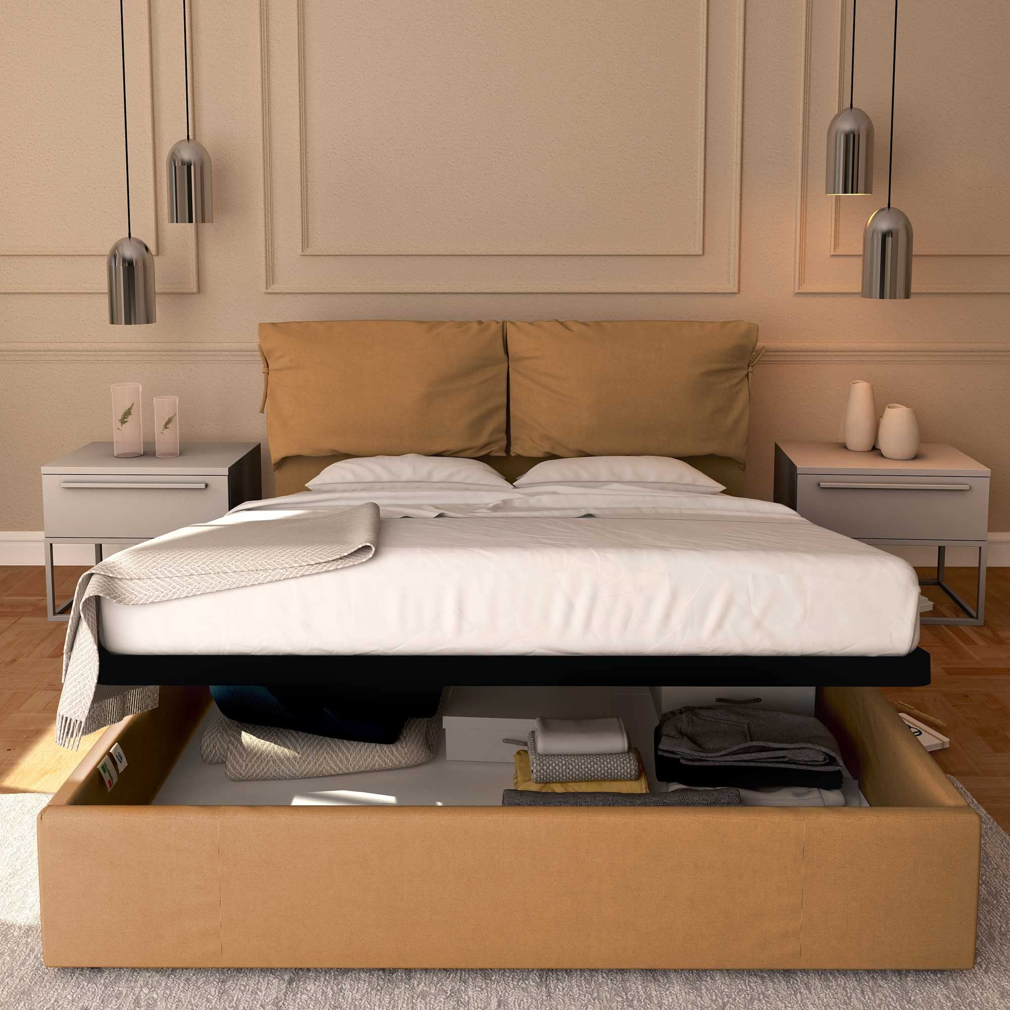 Baldiflex Licia Soft Queen Size Bed Frame with Storage - Synthetic Leather Upholstery, Slatted Base for Mattress Support, Light Brown, 180x190cm - Perfect for Master Bedrooms & Guest Rooms
