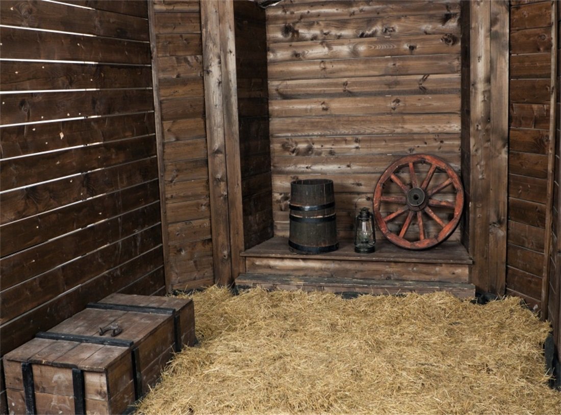 Leowefowa 10x8FT Vintage Barn Backdrop Photography Background - Autumn Rustic Wood Plank with Straw, Lantern & Bucket Props for Kids/Adults Photo Studio (Ideal for Fall Themed Portraits, Halloween Decor & Country Wedding Photos)