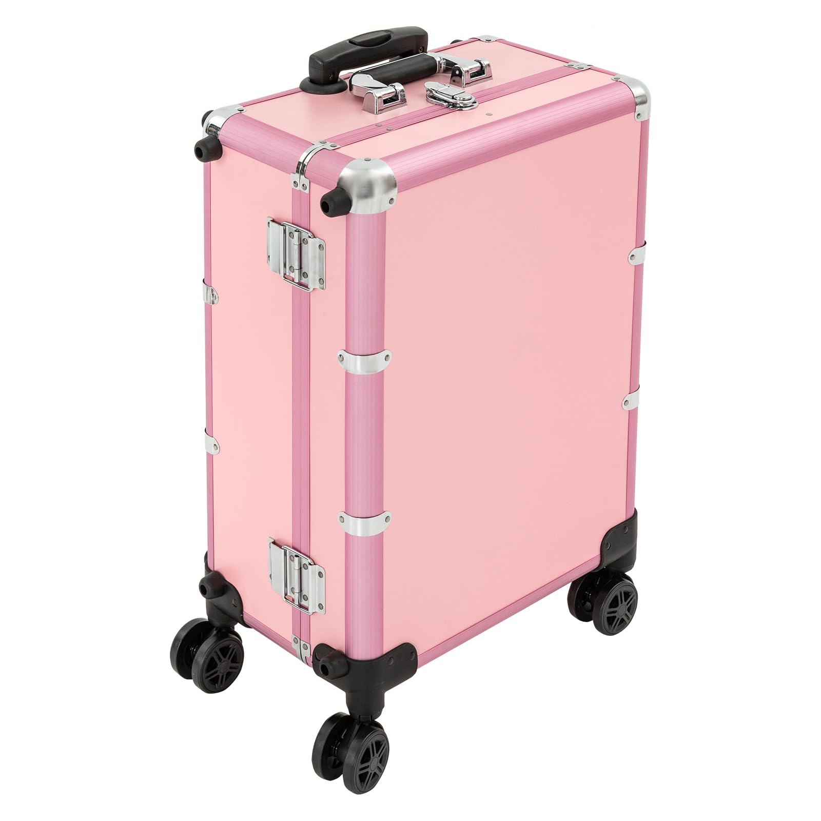 Pink Aluminum Rolling Makeup Train Case with LED Lights & Adjustable Legs - Lockable Portable Cosmetic Organizer for Travel, Professional Artists & Home Vanity - 4 Removable Wheels for Easy Mobility