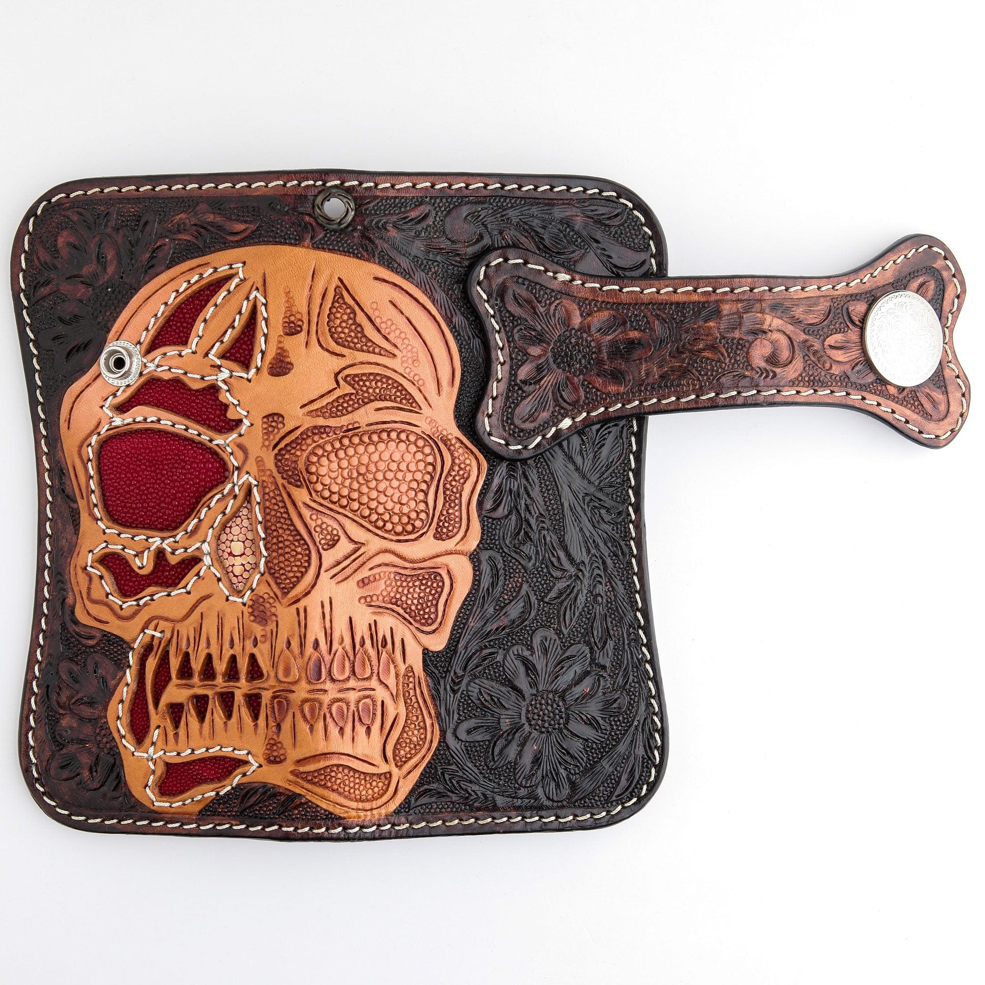 Handmade Genuine Red Stingray Leather Biker Wallet with Skull Design - Perfect for Motorcycle Riders & Gift for Men