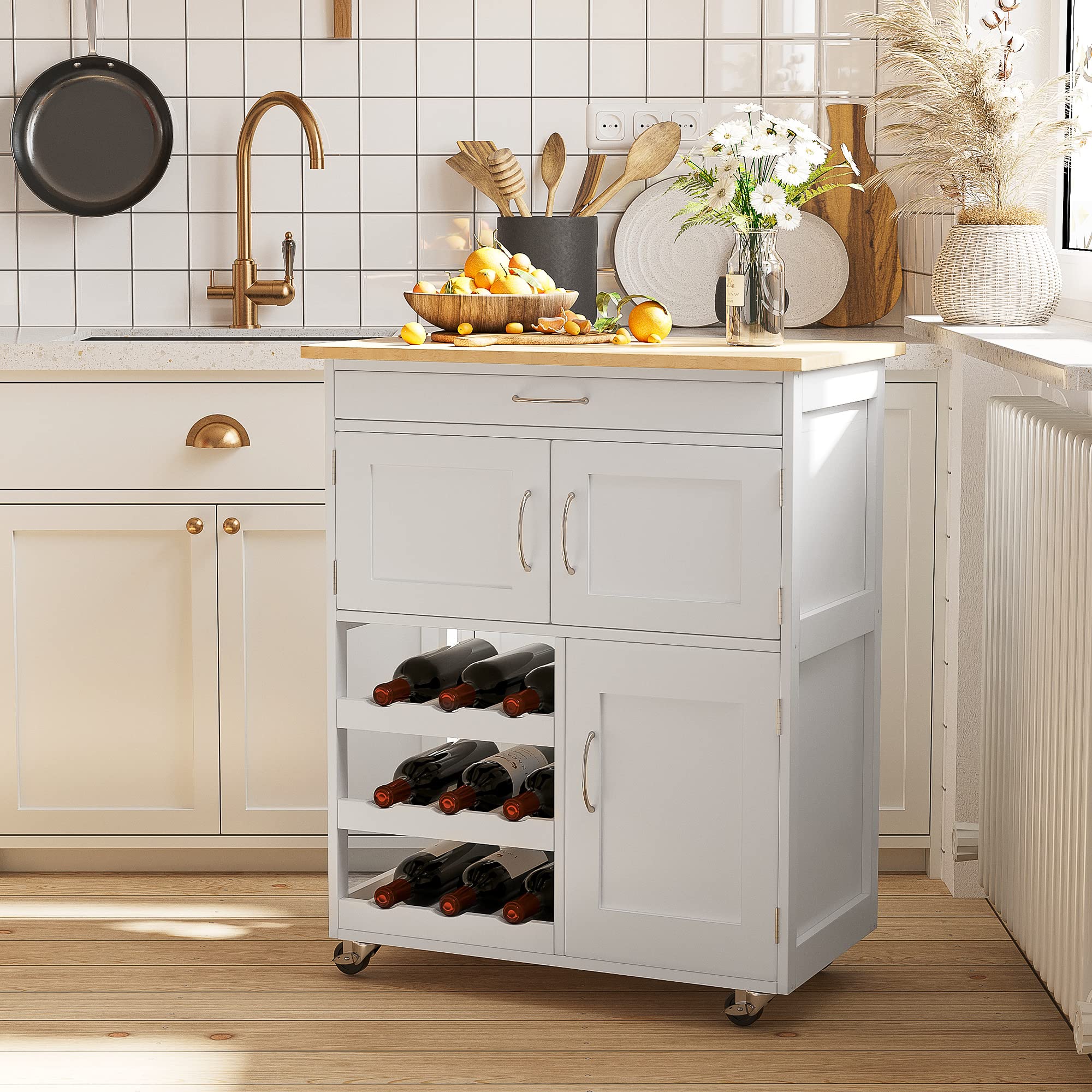 HOMCOM White Rolling Kitchen Island Cart with 9-Bottle Wine Rack, Wide Storage Drawer & Wooden Countertop - Mobile Bar Cart for Small Spaces, Kitchen Storage Solution for Apartments, Dorms & Entertaining