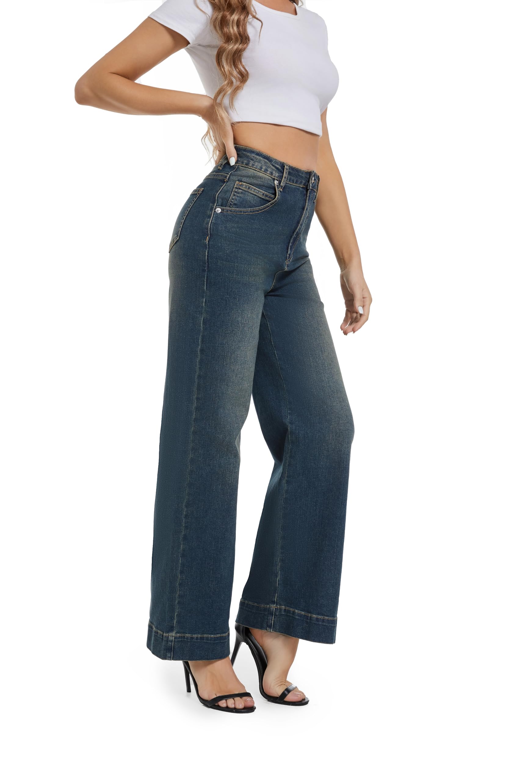Women's High Waisted Stretchy Jeans - Wide Leg, Baggy, Loose Fit Trendy Denim Pants for Casual Wear & Street Style | Comfortable Everyday Fashion