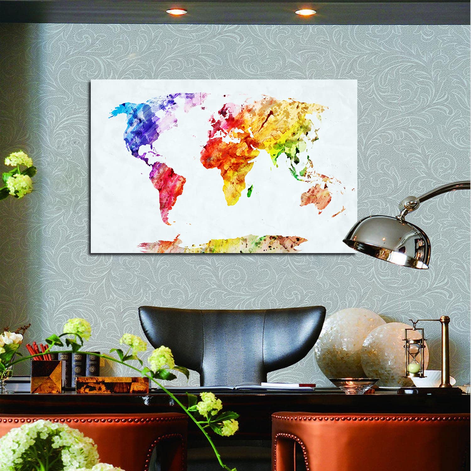 Abstract World Map Canvas Wall Art - Framed Modern Map Painting for Home, Office & Bedroom Decor - Ready to Hang - Perfect for Living Room, Study or Gift