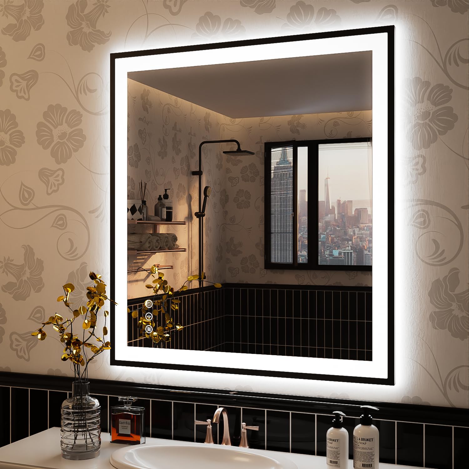 **ISKM 36x32 Inch LED Bathroom Mirror with Front & Backlight - Dimmable Anti-Fog Vanity Mirror, Black Frame, 3 Color Modes, Shatterproof & Waterproof (Memory Function) - Perfect for Makeup, Shaving & Home Decor**