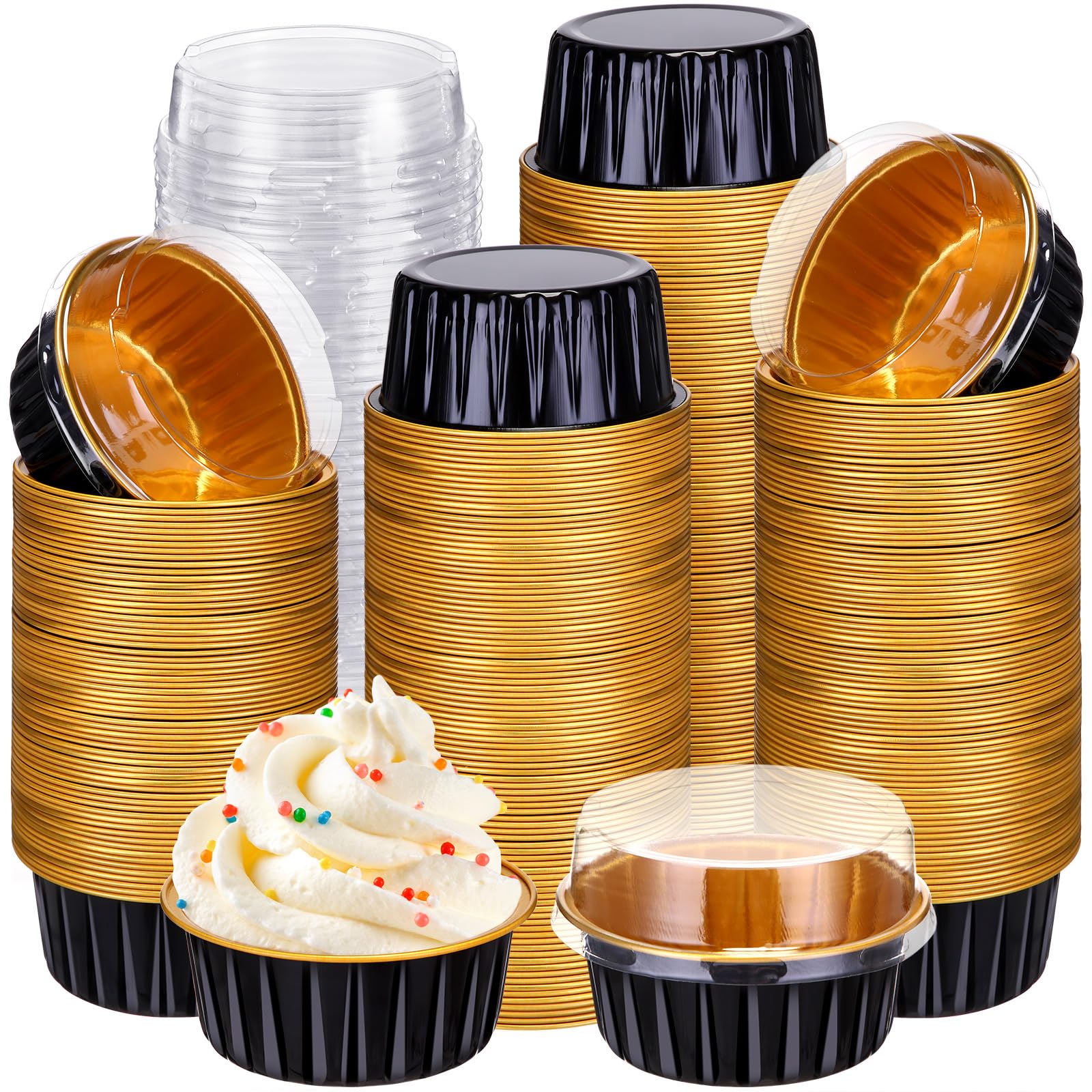 400 Pcs Disposable Aluminum Foil Baking Cups with Lids - 5 oz Mini Cake Pans, Cupcake Liners & Muffin Tins for Creme Brulee, Flan, Desserts - Perfect for Wedding, Birthday Party & Holiday Baking (Black & Gold)