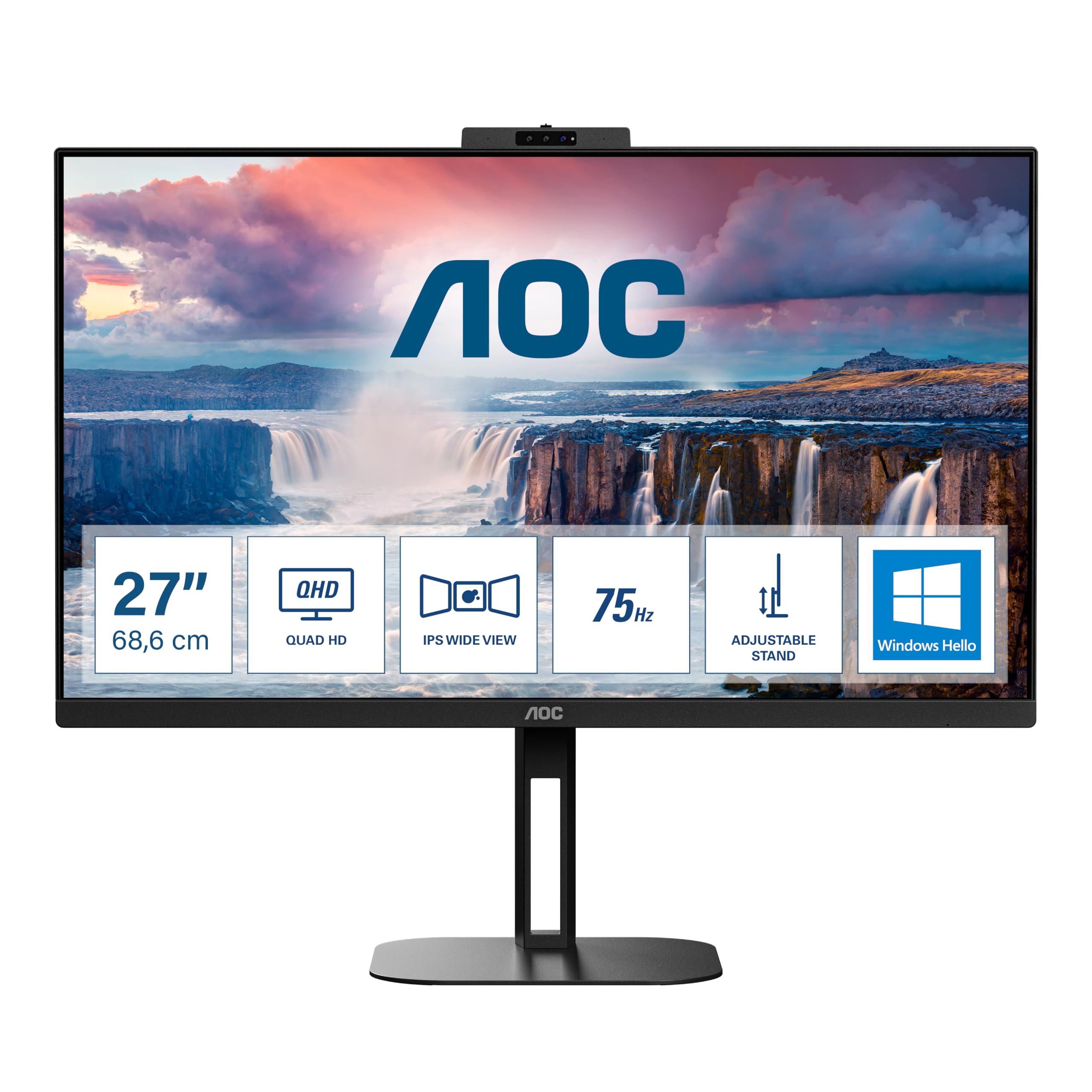 AOC Q27V5CW 27-Inch QHD Monitor with Webcam, Speakers, Height Adjustable Stand (2560x1440, 75Hz, HDMI, DisplayPort, USB-C, USB Hub) - Black | Perfect for Home Office, Gaming, and Video Conferencing