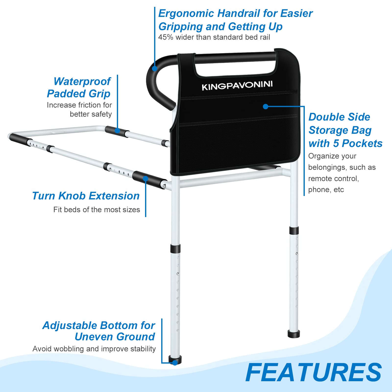 **KingPavonini Adjustable Bed Rails for Elderly Adults - Non-Slip Ergonomic Handle & Storage Pocket, Heavy-Duty Bed Assist Rail Holds 400 lbs, Tool-Free Assembly - Ideal for Seniors Safety & Mobility Support**