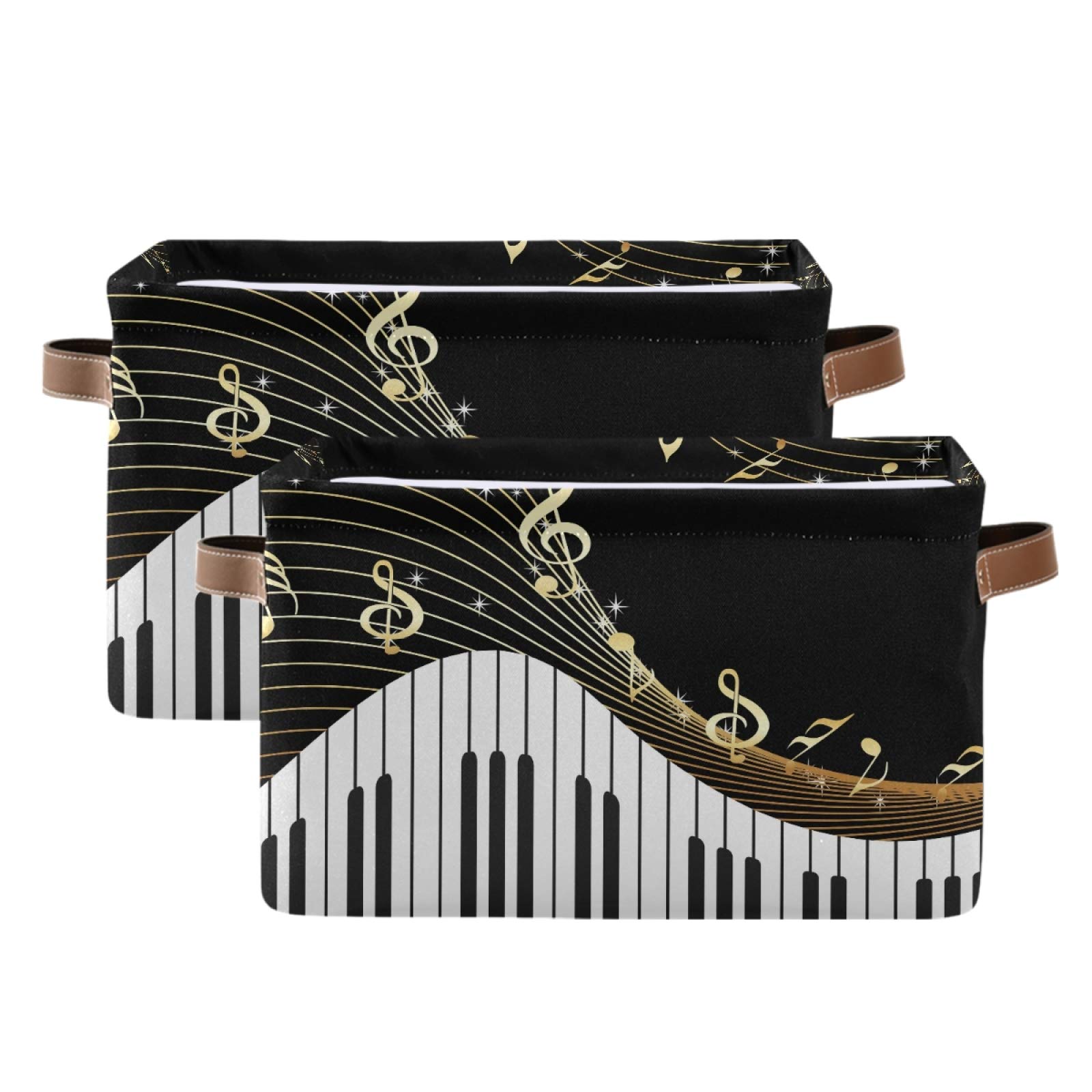 AUUXVA 2-Pack Canvas Storage Baskets with Handles - Collapsible Music Note Design Organizer Bin for Toys, Closet, Shelf, Bedroom & Home Office - Durable & Stylish Home Decor