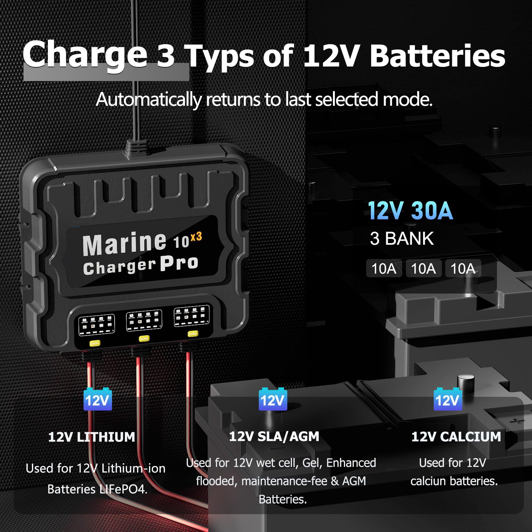 3 Bank 30A Smart Marine Battery Charger - 12V Waterproof Onboard Boat Charger (10A per Bank) - Maintainer & Desulfator for SLA, AGM, Lithium (LiFePO4), Calcium & Deep-Cycle Batteries - Perfect for Boats, Yachts & Marine Applications - Charge Safely 24/7