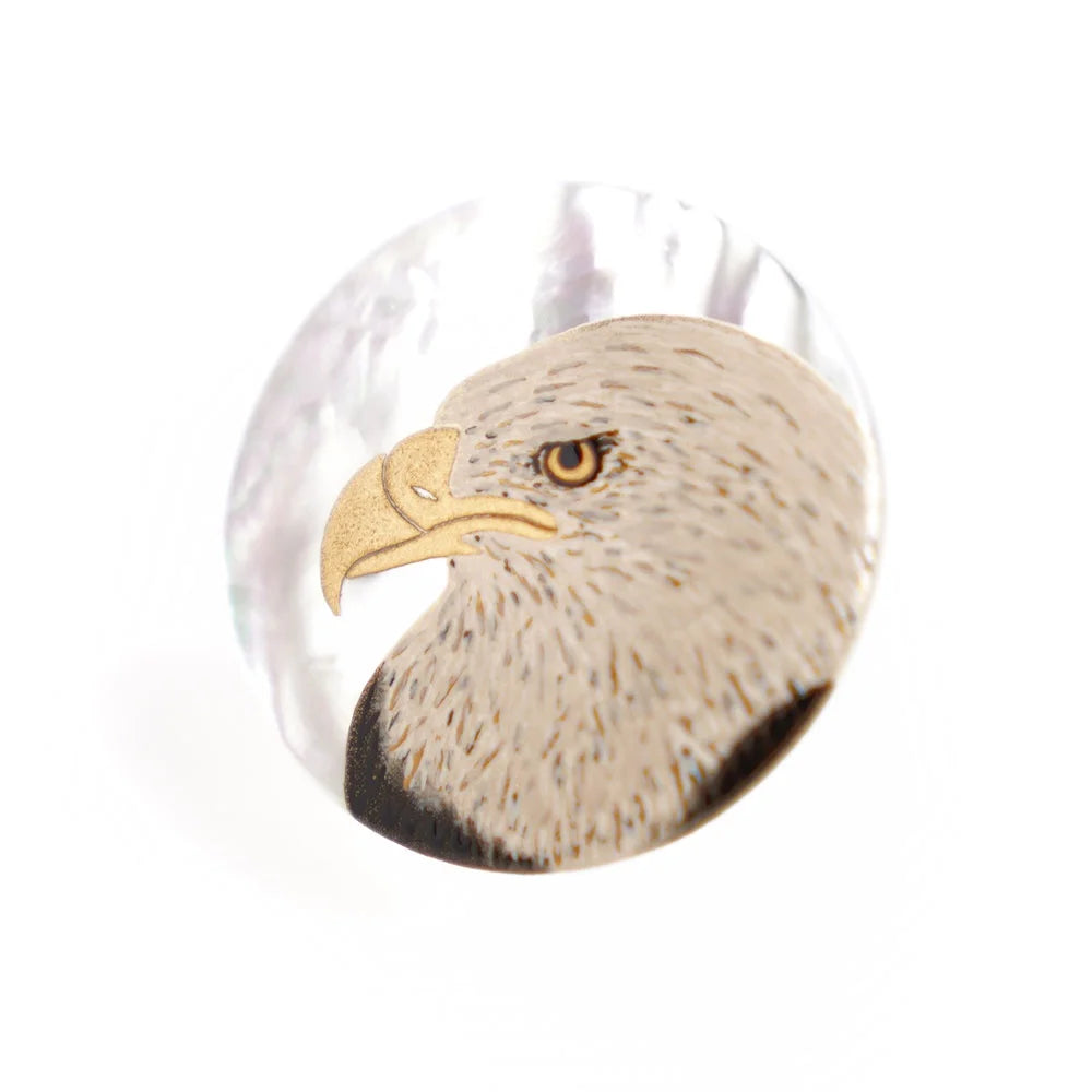 Exquisite Maki-e Urushi Lacquer Brooch with White South Sea Pearl Shell & Bald Eagle Design - Traditional Japanese Lacquer Jewelry for Women - Perfect for Formal Occasions, Gift Giving & Cultural Events