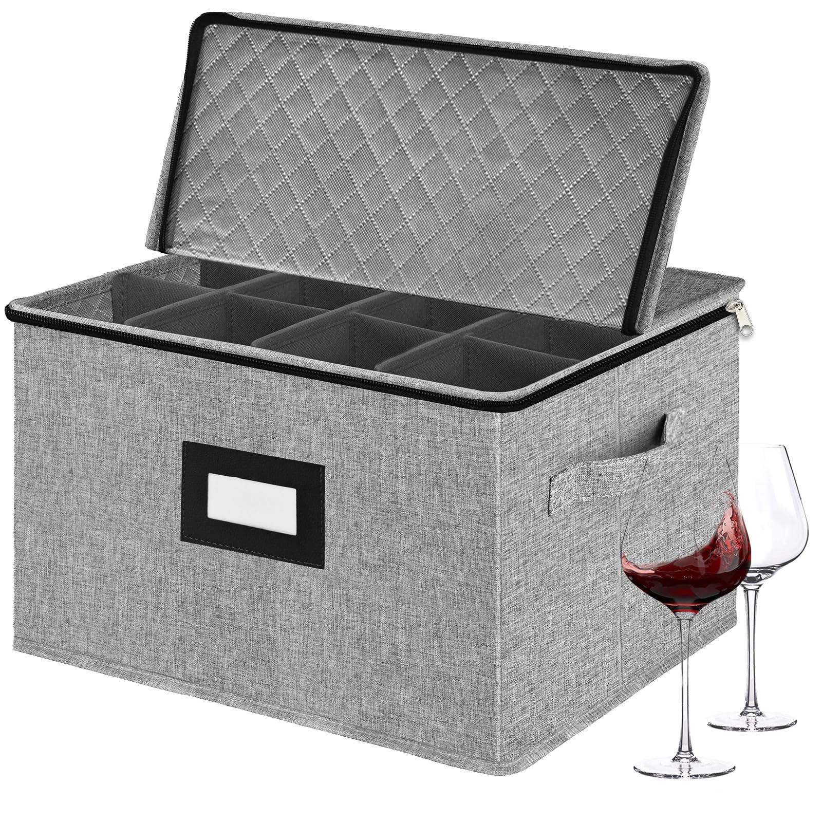VERONLY 12-Piece Wine Glass Storage Box with Dividers - Hard Shell Quilted Protector for Stemware, Crystal & Glassware - Stackable, Light Grey - Perfect for Home Bar, Kitchen Organization & Party Serving
