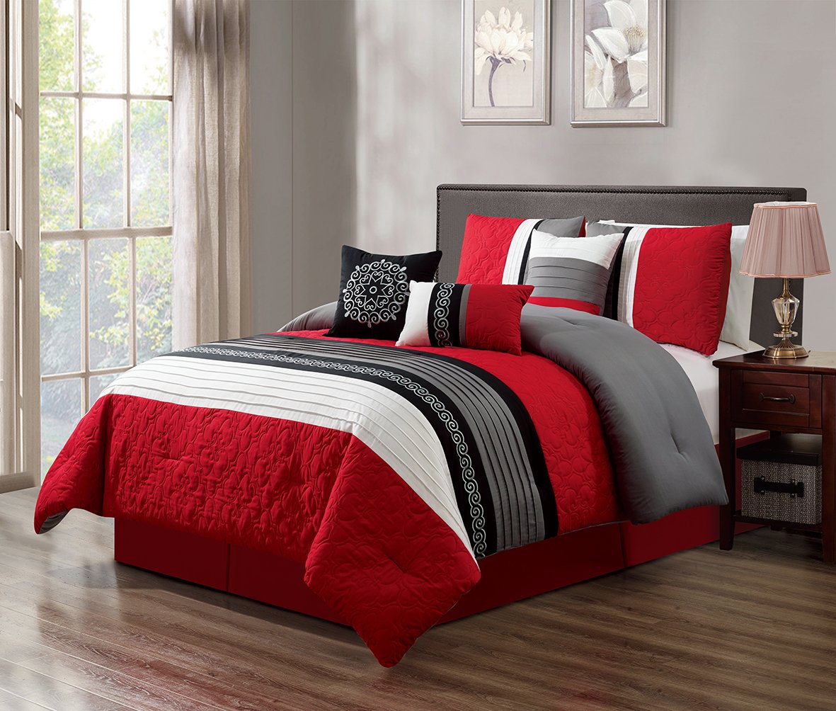 GrandLinen 7-Piece Queen Size Microfiber Comforter Set - Red/Grey/Black/White Scroll Embroidery Design | Soft Bed in a Bag | Ideal for Master Bedroom, Guest Room & Dorm Decor