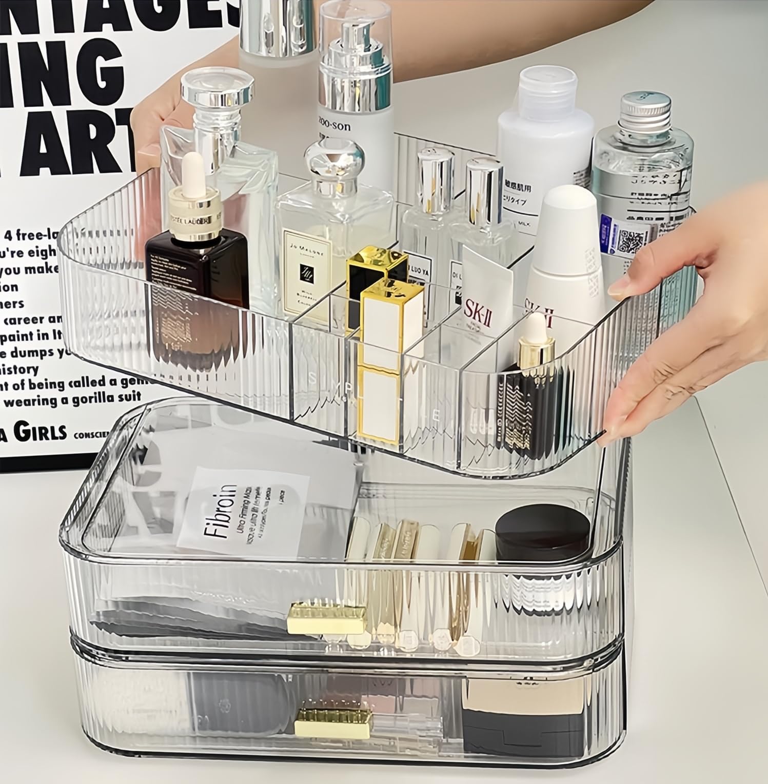 Clear Acrylic Makeup Organizer with Stackable Drawers - Large Cosmetic Storage for Vanity, Skincare, Lipsticks, Eyeshadow Palettes & Nail Care - Perfect for Dresser, Bathroom Countertop & Travel Beauty Organization