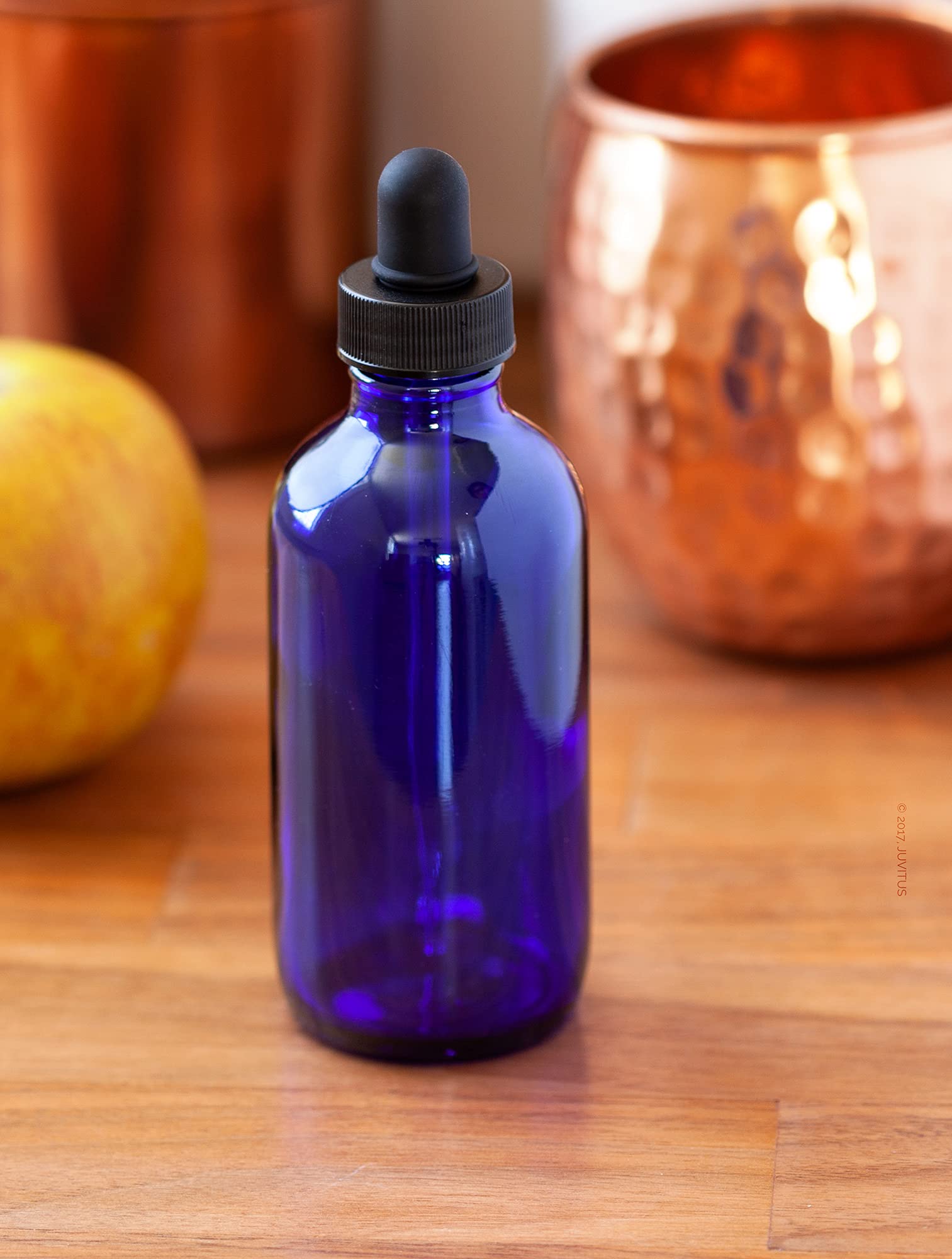 JUVITUS 4 oz (120 ml) Cobalt Blue Glass Boston Round Bottles with Black Dropper Caps - 6 Pack with Free Funnel - Essential Oil, DIY Beauty & Herbal Tincture Storage Solution