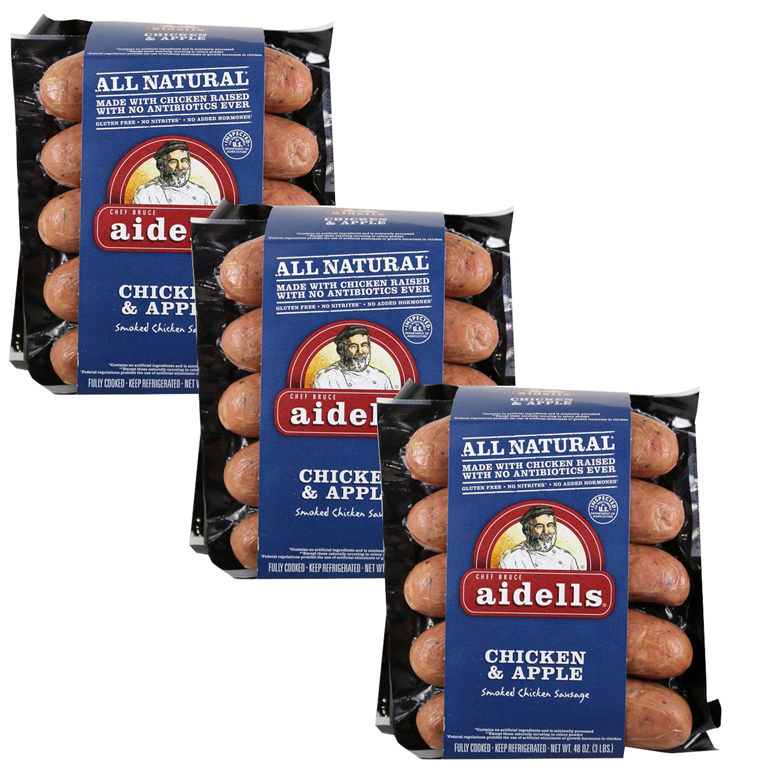 Aidells All Natural Chicken & Apple Fully Cooked Sausage - Gluten Free, No Nitrites or Hormones - 3 Pack (3 lbs Each) - Perfect for Family Dinners, BBQs, and Meal Prep