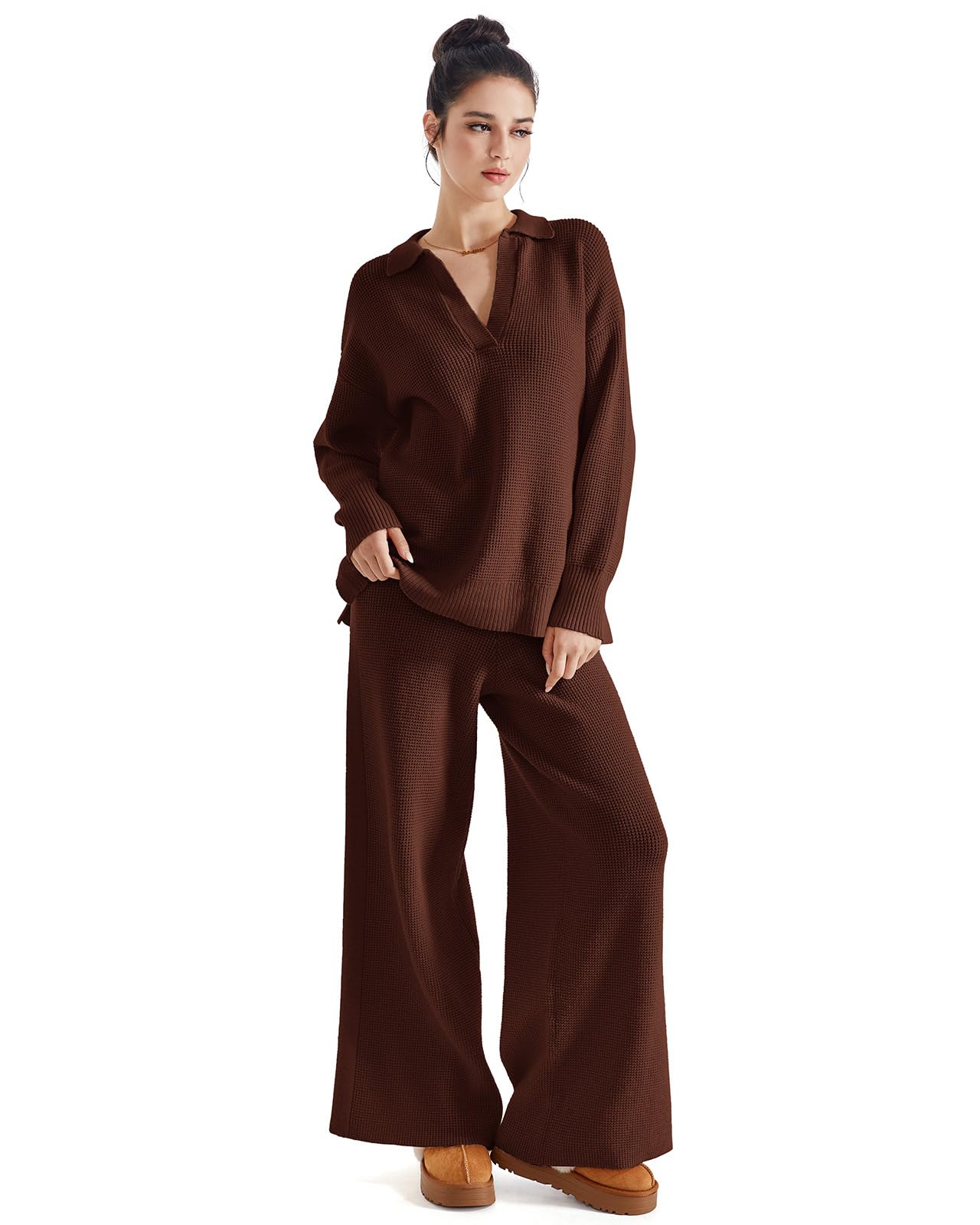 SUUKSESS Women's 2-Piece Fall Outfits - Soft Waffle Knit Sweater & Lounge Pants Matching Set | Cozy Autumn Loungewear for Home, Casual Wear & Coffee Dates