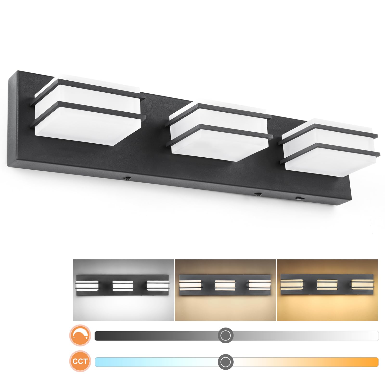 3 Color Temperature Dimmable LED Bathroom Vanity Light Fixtures - Black Square Acrylic Stainless Steel Shade, ETL Certified - Perfect for Bathroom Mirror Lighting, Makeup Vanity & Modern Home Decor