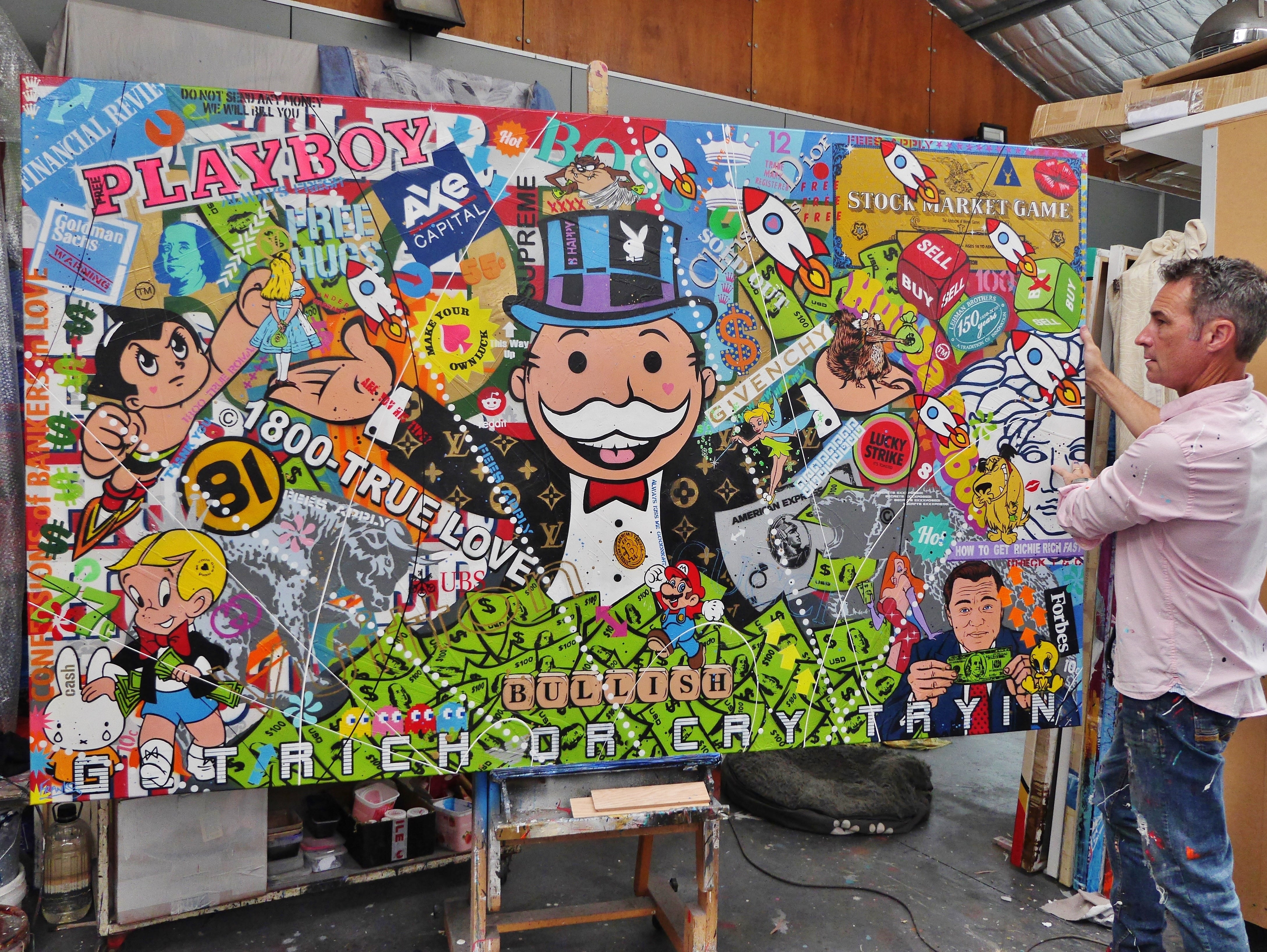 Bullish 250x150cm Monopoly Man Textured Urban Pop Art Canvas Painting - Modern Wall Decor for Living Room, Office & Game Room