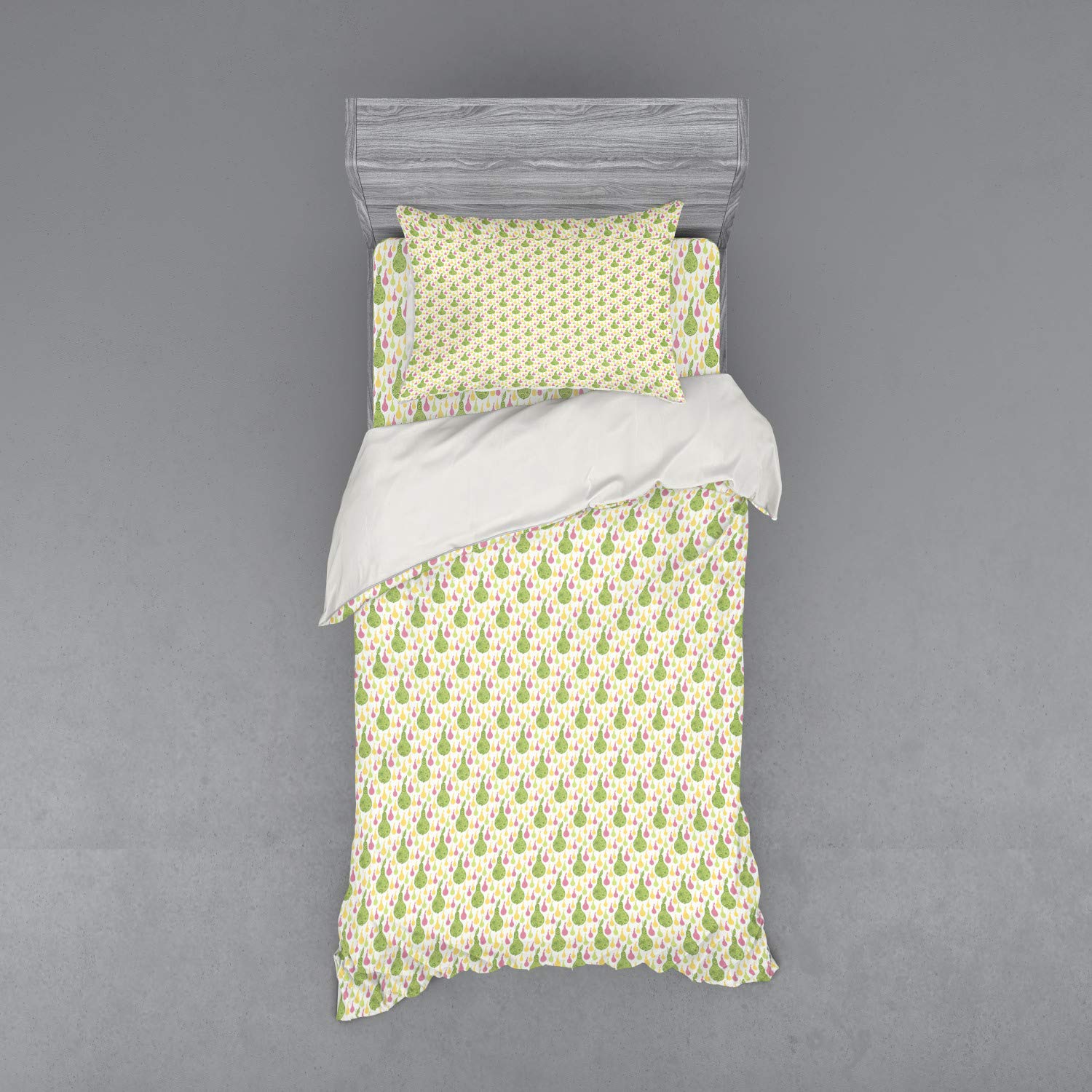 Ambesonne Fruit Bedding Set - Zentangle Patterned Pears & Silhouettes Kitchen Theme 3-Piece Duvet Cover Set with Pillow Sham & Fitted Sheet, Twin Size, Pastel Yellow & Pale Green - Perfect for Kids' Rooms, Guest Bedrooms & Boho Chic Decor