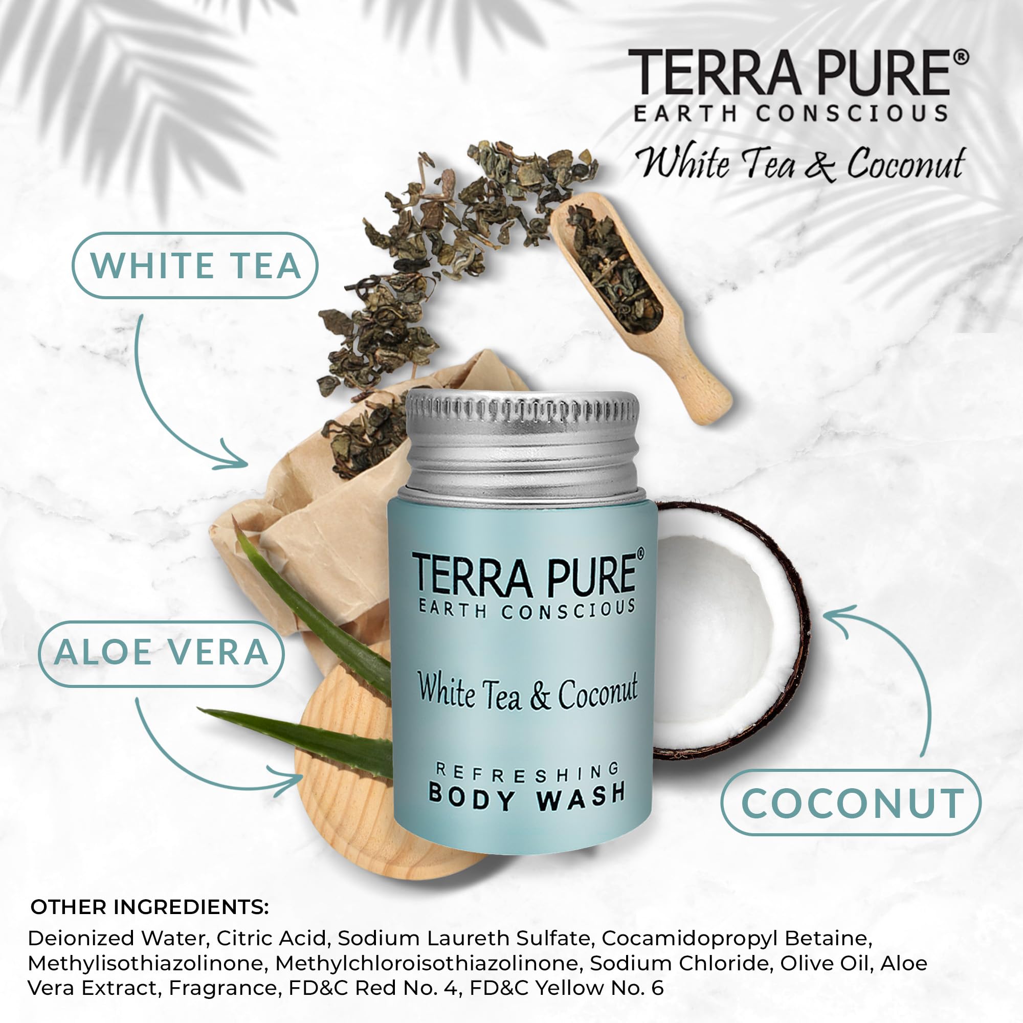 Terra Pure White Tea & Coconut Body Wash - Travel Size (1 oz) | Bulk Pack of 300 | Hotel Amenities & Sample Sizes for Travel, Gyms & Hospitality Use