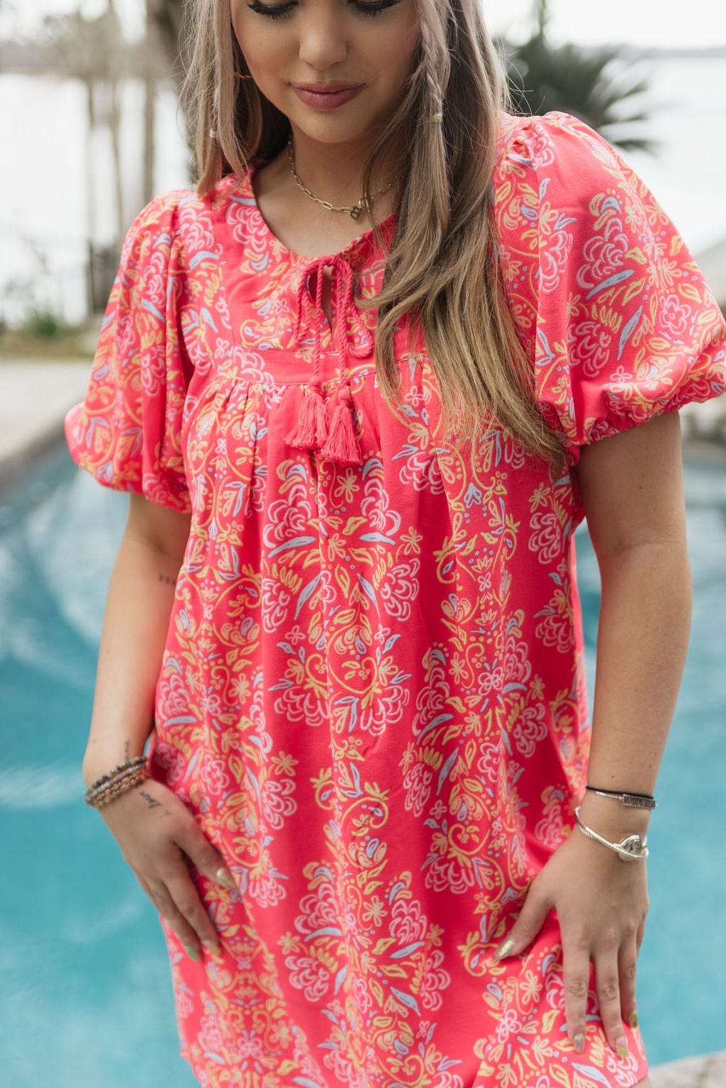 Coral Penny Busy Bee Dress - Floral Print Summer Dress for Women, Casual A-Line Sundress with Pockets | Perfect for Beach Vacations, Garden Parties & Brunch Dates