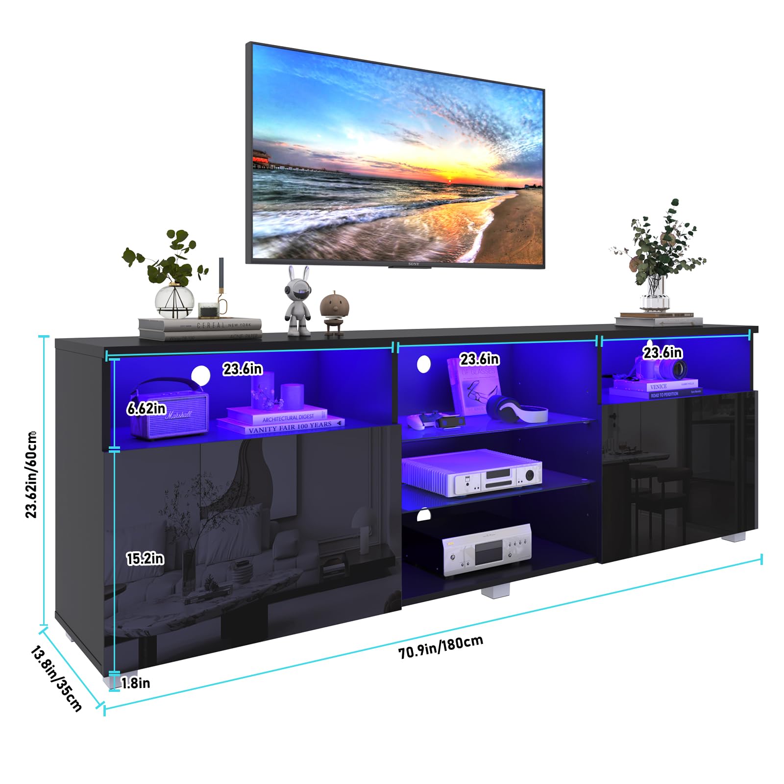 Vinctik 70 inch Modern LED TV Stand for 75/80 inch TVs - High Glossy Entertainment Center with Storage Drawers, APP-Controlled RGB Lighting - Smart TV Cabinet for Living Room (71in Black) - Perfect for Home Theater & Gaming Setup
