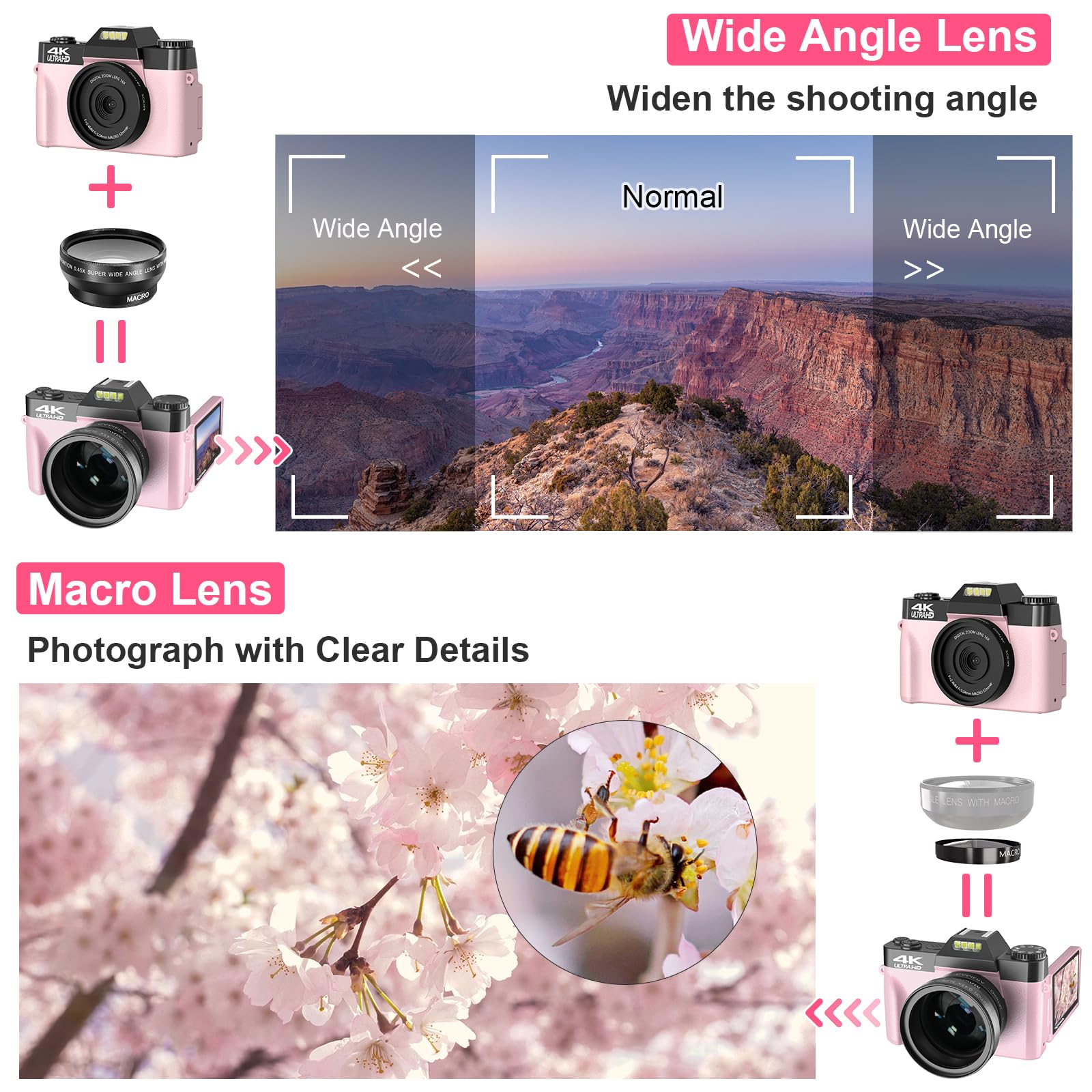 VETEK 4K 48MP Digital Camera for Photography & Vlogging - 16X Zoom, Manual Focus, Wide-Angle & Macro Lens - Includes 32GB Card & 2 Batteries (Pink) - Perfect for Travel, YouTube Videos & Student Photography Projects