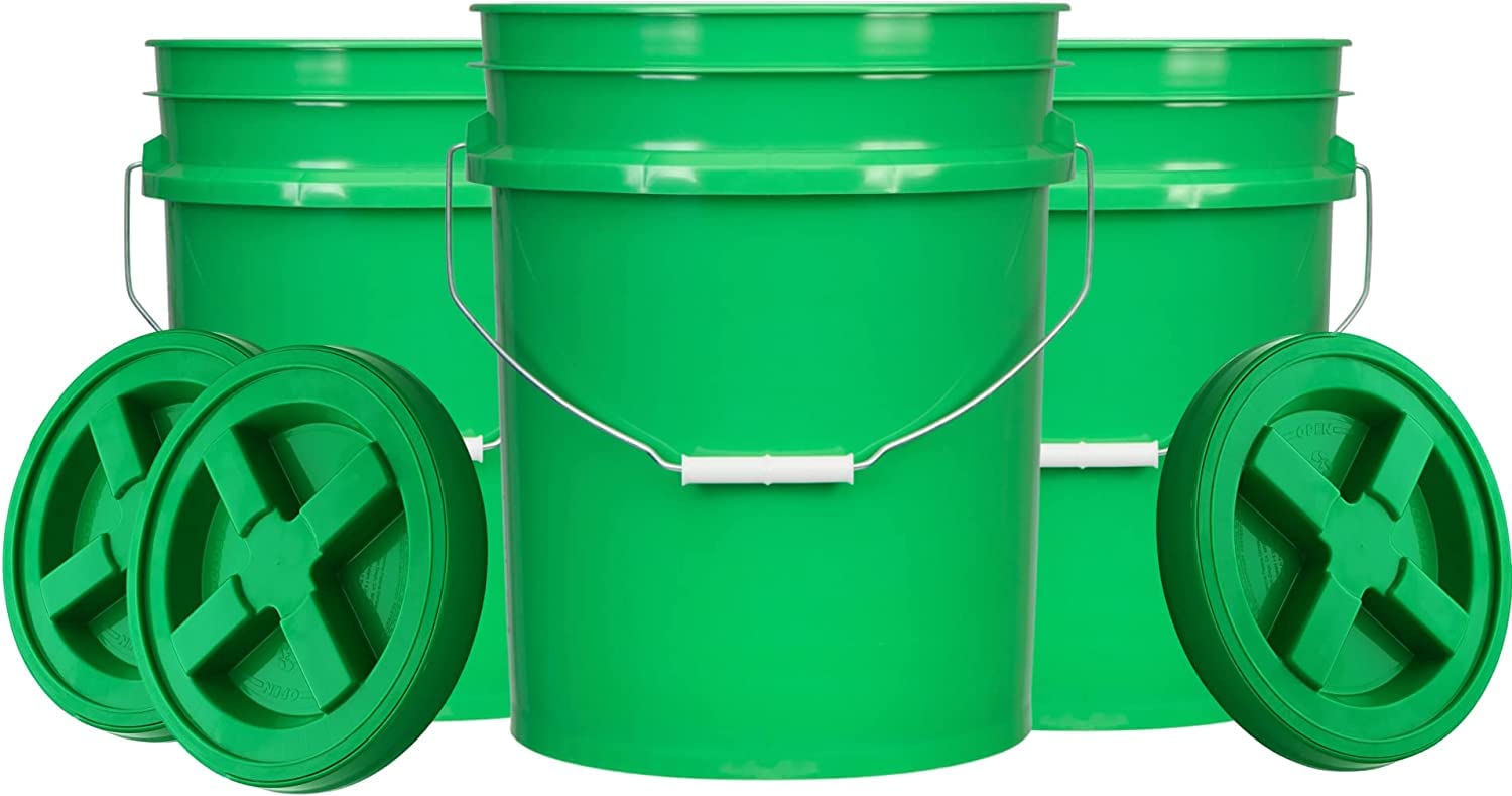 House Naturals 5 Gallon Food Grade Plastic Bucket with Airtight Screw-On Lid - BPA Free, Made in USA - Heavy Duty Storage Pail with Double Gasket Seal (Pack of 3, Green) - Perfect for Food Storage, Home Brewing, Gardening & Emergency Preparedness
