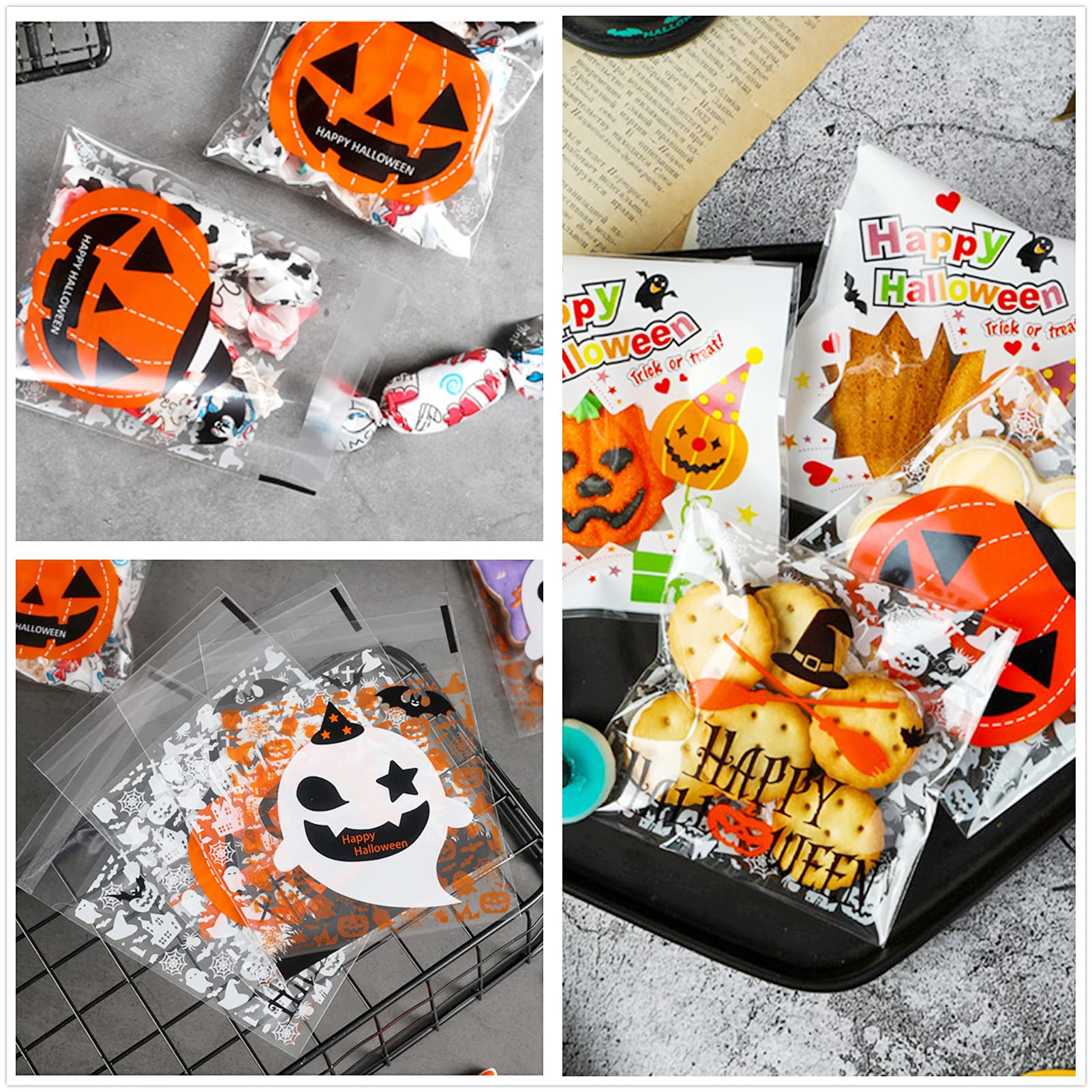 400 Pcs Halloween Candy Bags - Self Adhesive Trick or Treat Cookie Bags for Party Favors, Halloween Party Supplies, 12 oz Cellophane Goodie Bags (8 Styles) - Perfect for Halloween Parties, School Events & Trick-or-Treating