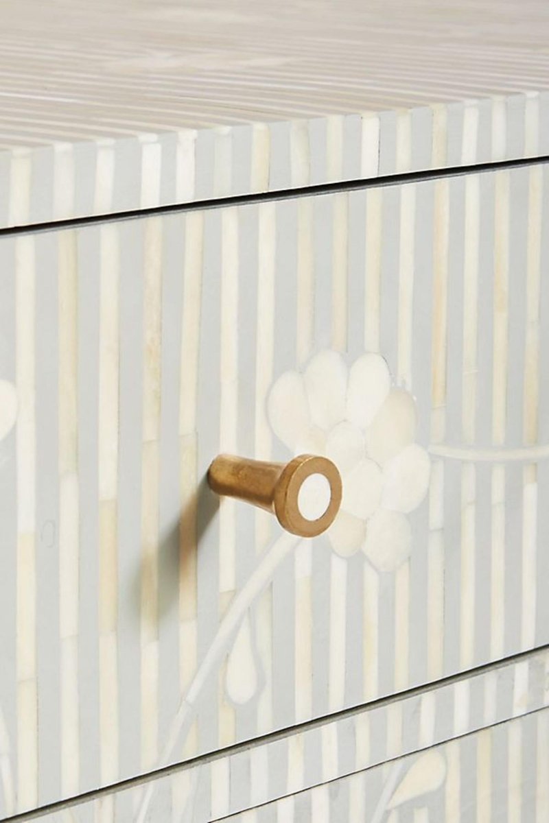 Handmade Bone Inlay Floral Design Gray 3-Drawer Dresser - Perfect for Bedroom, Living Room & Boho Home Decor
