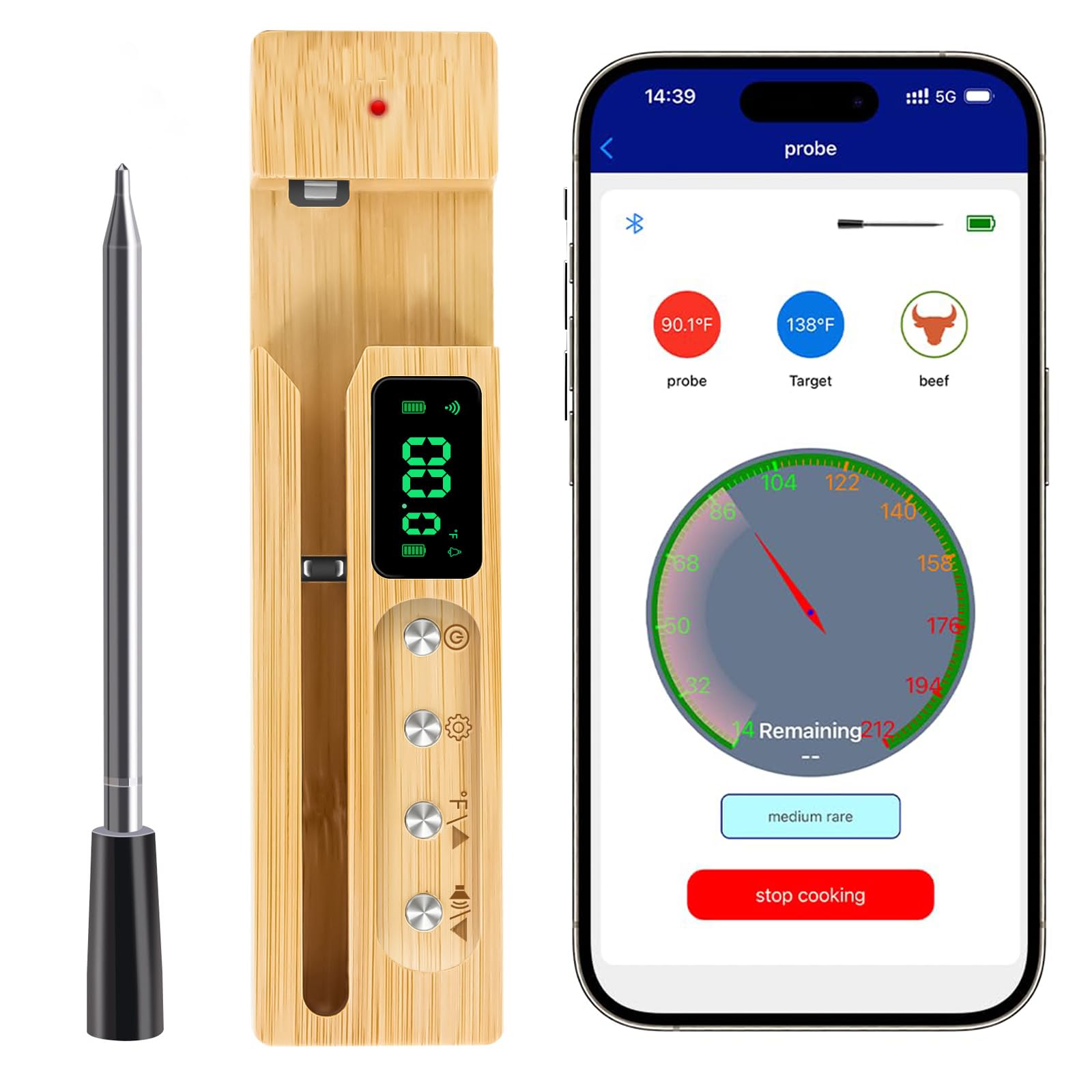 700FT Wireless Meat Thermometer with LCD Display - Bluetooth Digital Food Thermometer for Grilling, Smoking, Rotisserie & Oven Cooking - Ceramic Handle & Natural Bamboo Design for BBQ, Kitchen & Outdoor Use