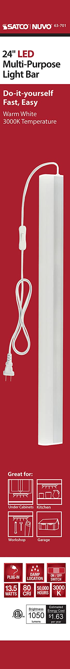 Satco 63/701 LED Under Cabinet Plug-in Light Bar - 24 Inch, 3000K Warm White, Energy Efficient Kitchen Lighting for Countertops, Pantry & Workspaces