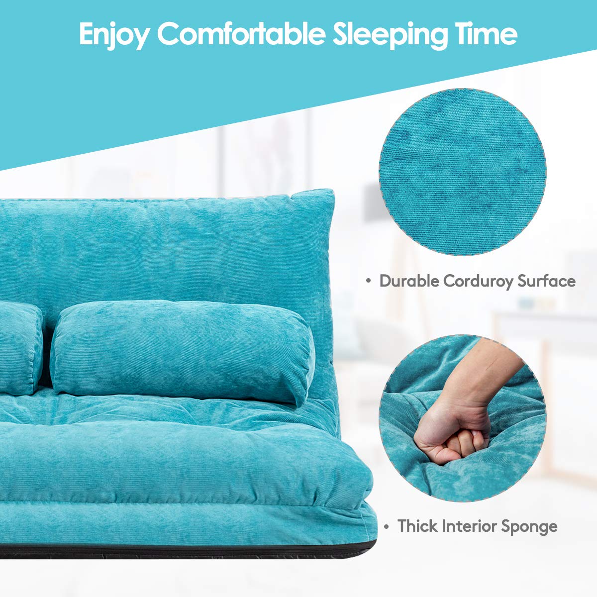 Giantex Adjustable Floor Sofa Couch with 2 Pillows - 6-Position Foldable Lazy Sofa Sleeper Bed, Multi-Functional Suede Floor Seating for Living Room, Bedroom, Reading & Gaming (Blue)