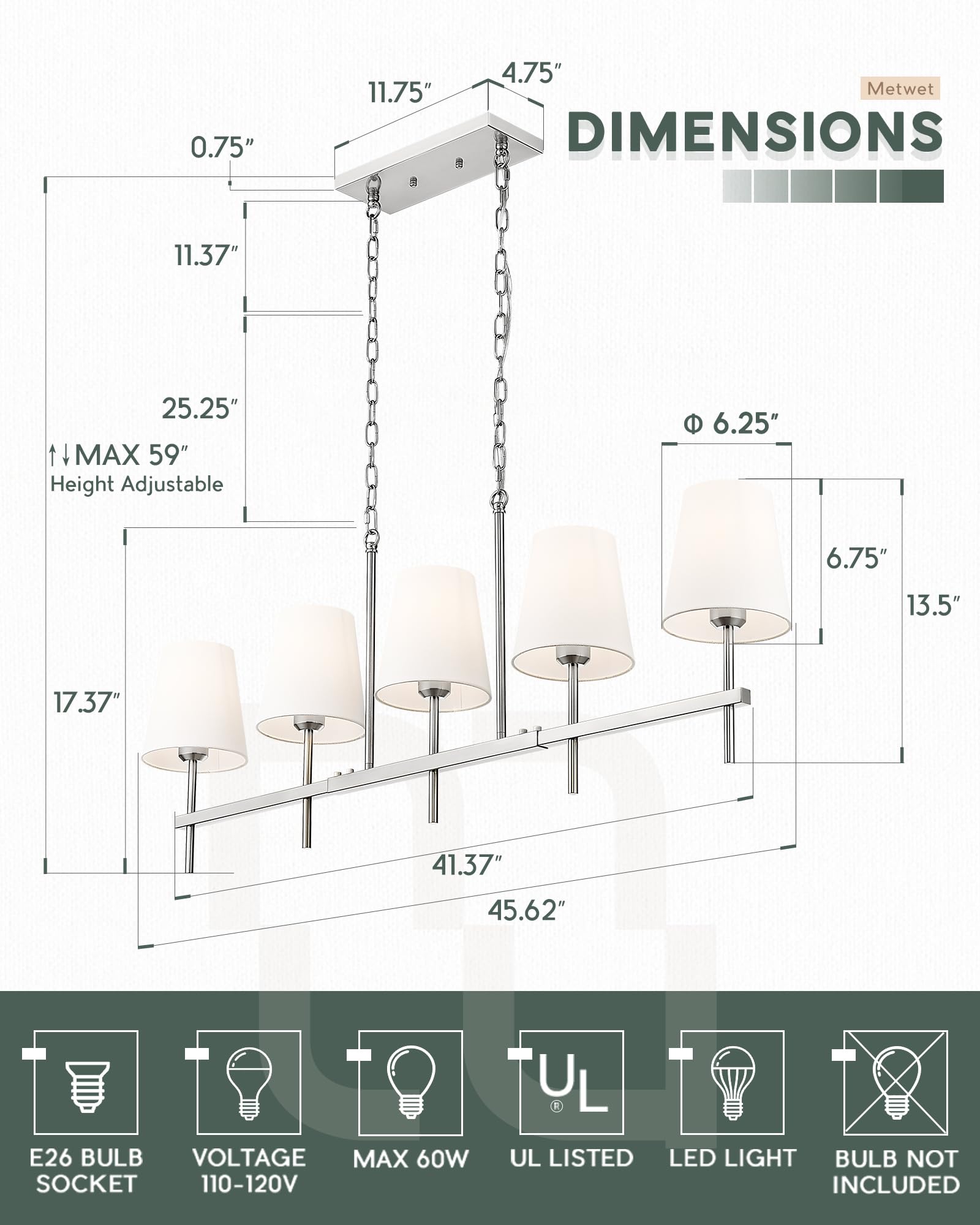 5-Light Brushed Nickel Kitchen Island Pendant Light with White Fabric Shade - 46