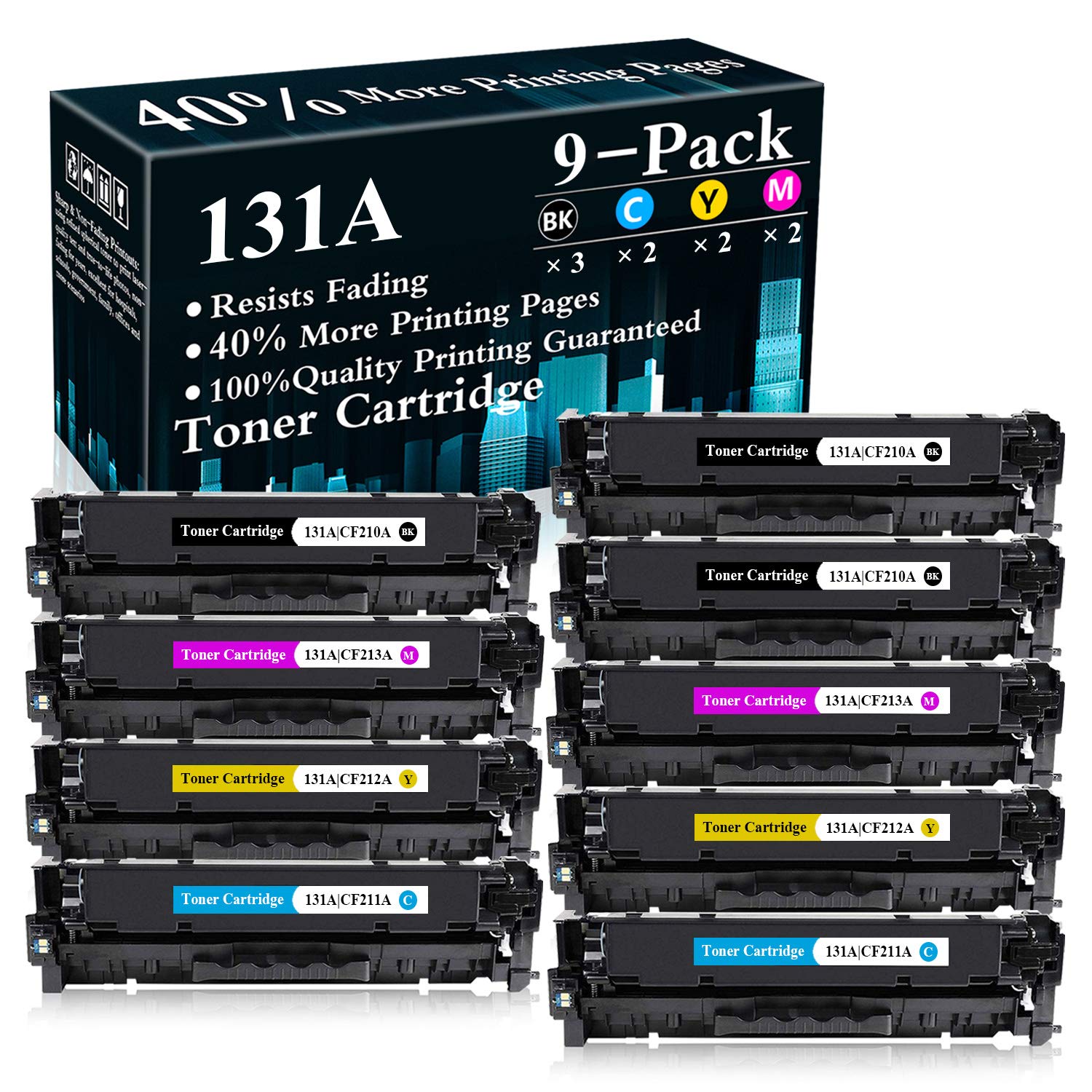 9 Pack (3 Black + 2 Cyan + 2 Magenta + 2 Yellow) Remanufactured Toner Cartridges Replacement for HP Color LaserJet Pro M251n M251nw M276n M276nw Printers - Compatible with CF210A CF211A CF212A CF213A Models - Perfect for Office & Home Printing Needs