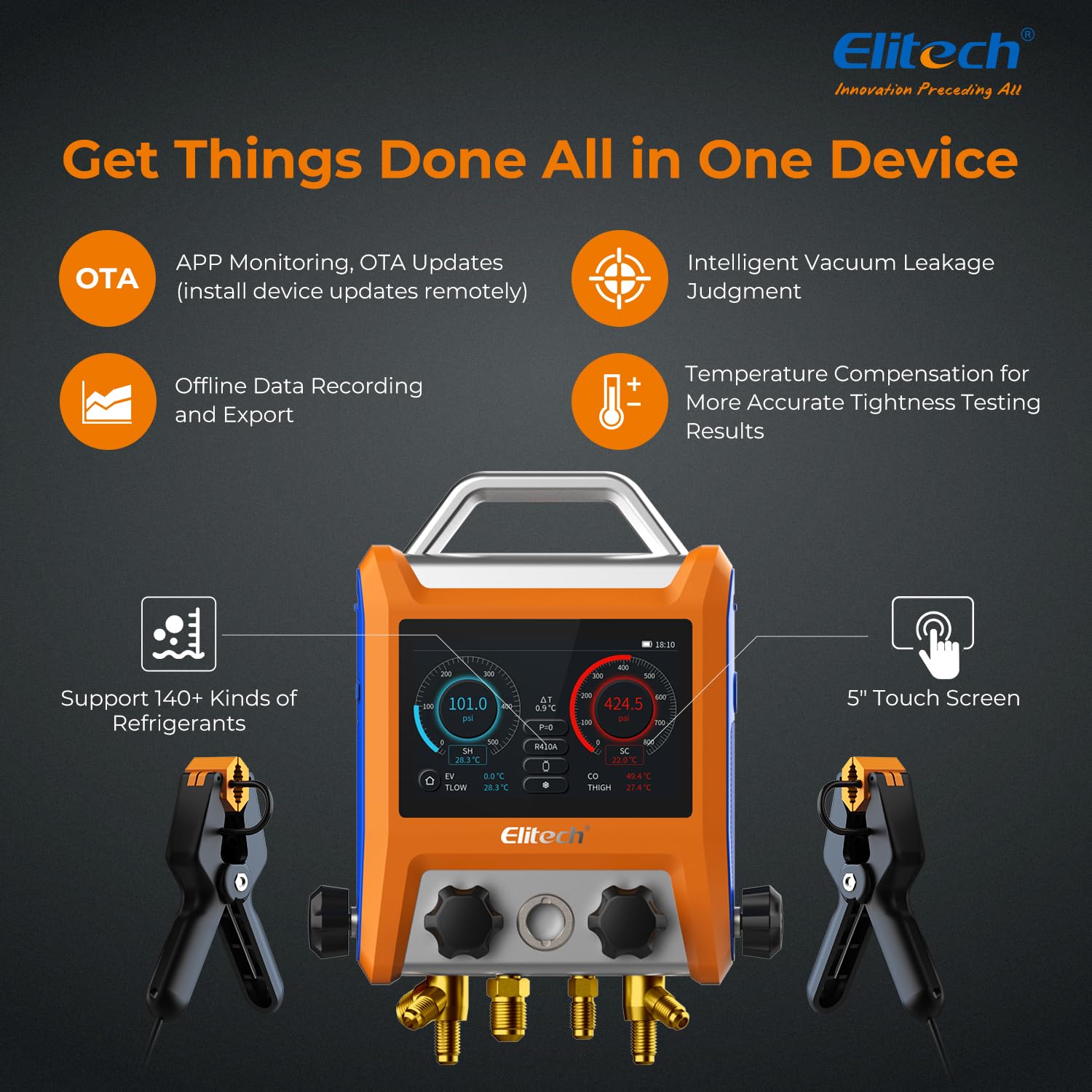 Elitech EMG-40V Digital HVAC Manifold Gauge with Hoses & Sensors - for AC Refrigerant Charging