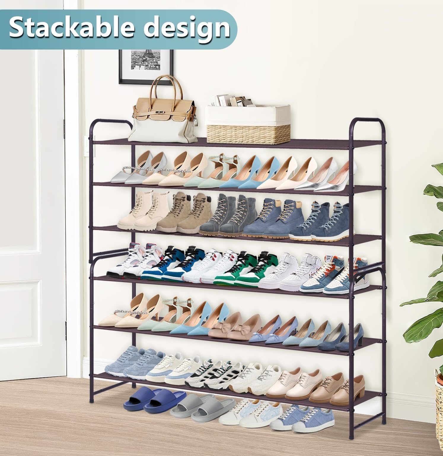AOODA 3-Tier Stackable Shoe Rack for Closet - Wide Shoe Shelf & Baseball Cap Organizer - Space Saving Storage Solution for Shoes, Hats & Accessories - Perfect for Bedroom, Entryway or Closet Organization