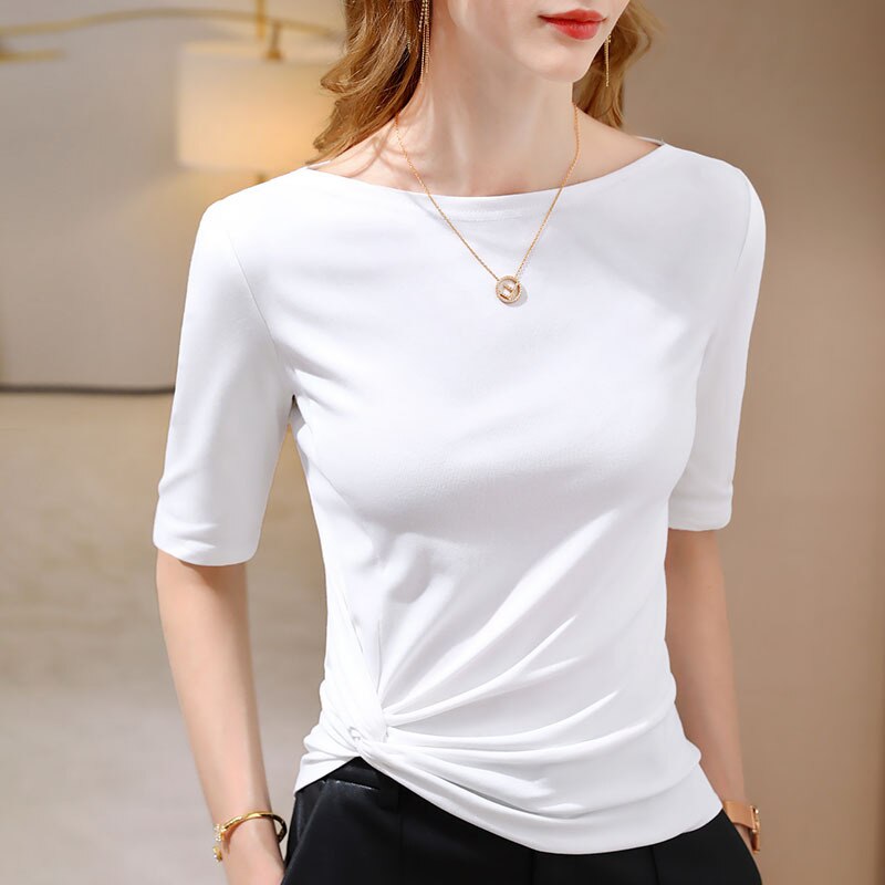 Women's Slash Neck Solid Color T-Shirt - Comfortable Casual Basic Tee for Everyday Wear, Workout & Layering