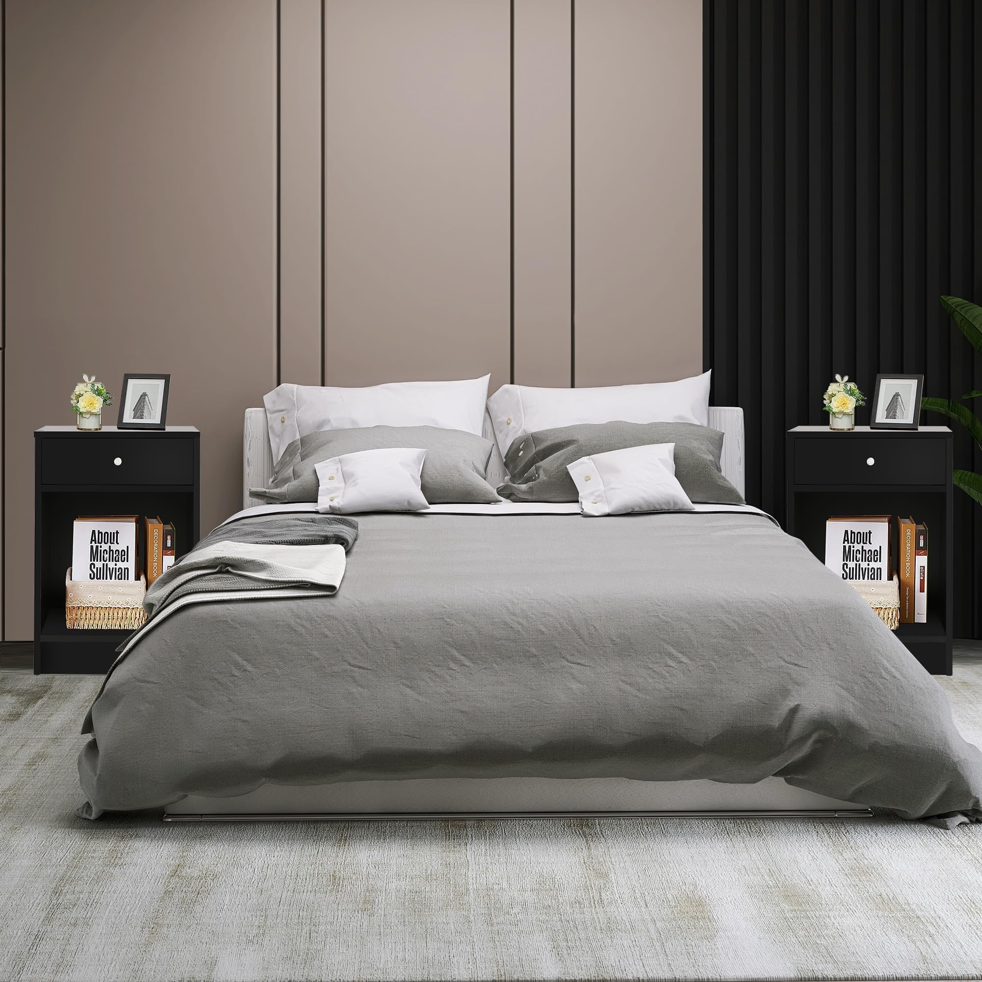 Modern Black Nightstand Set of 2 - 2-Tier Bedside Table with Sliding Drawer & Open Storage Shelf - Stylish End Table for Living Room, Bedroom, Home Office - Perfect for Small Spaces & Apartment Decor