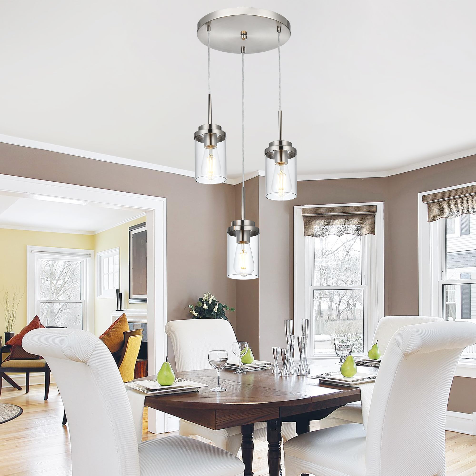 MELUCEE 3-Light Modern Chandelier for Dining Room & Kitchen Island - Brushed Nickel Finish, Adjustable Hanging Pendant Light with Clear Glass Shade - Perfect for Farmhouse, Contemporary & Transitional Home Decor