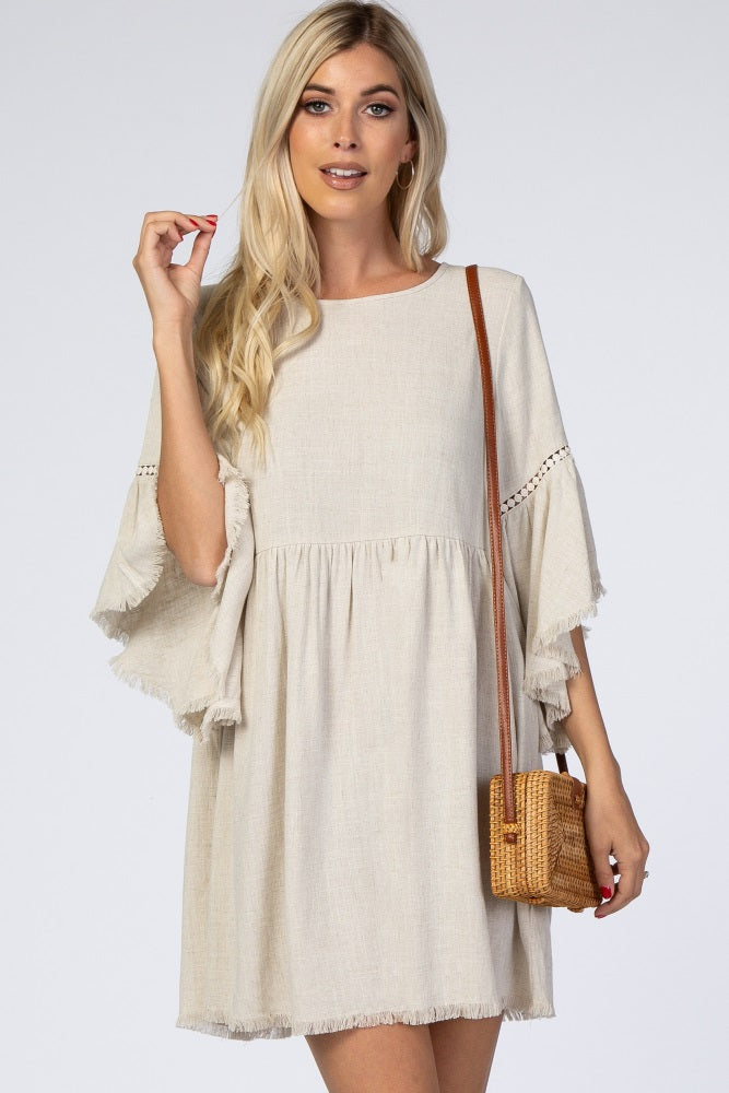 Beige Raw Edge Bell Sleeve Babydoll Dress for Women - Boho Chic Lace Trim Mini Dress - Perfect for Summer, Beach, Music Festivals & Date Nights