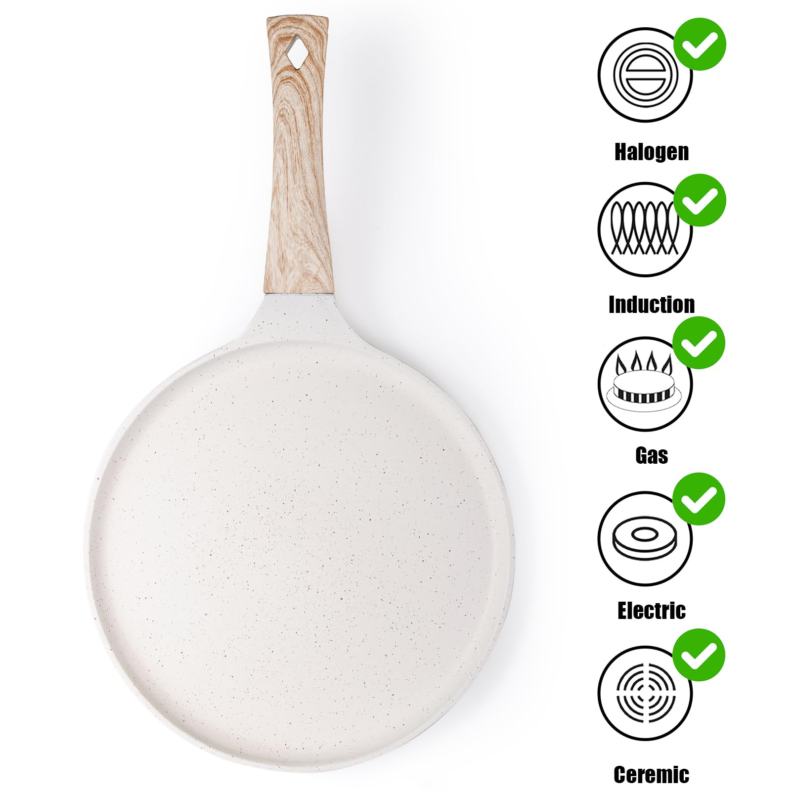 Hiceeden 10-Inch Nonstick Ceramic Crepe Pan with Spreader - Detachable Handle, Induction Compatible, PFOA Free Tortilla & Pancake Griddle for Gas, Electric & Induction Stoves - Perfect for Crepes, Dosas, Tortillas & More (White)
