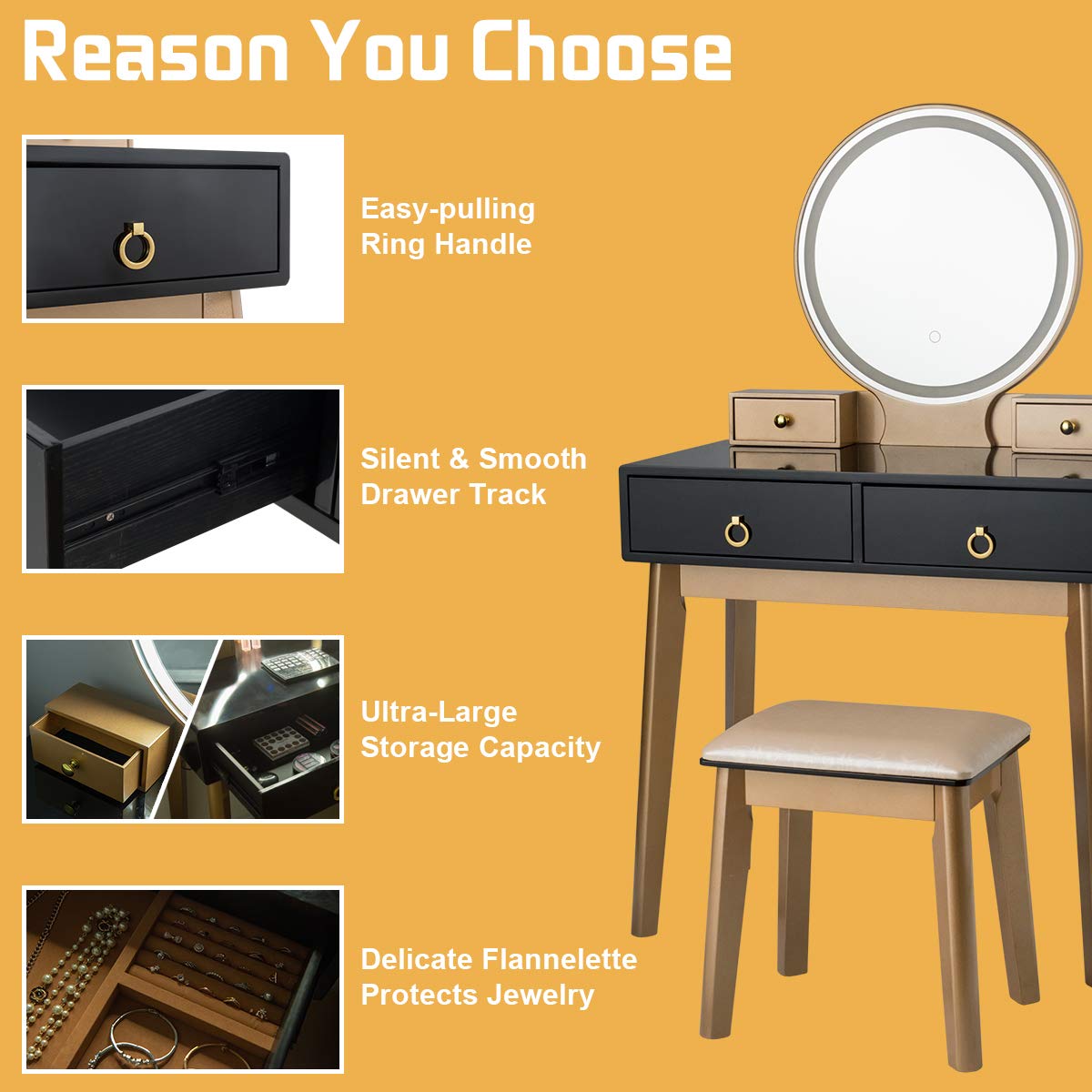 CHARMAID Black Makeup Vanity Desk with Lighted Mirror & Stool - 4 Drawers, 3 Lighting Modes for Small Bedroom Dressing