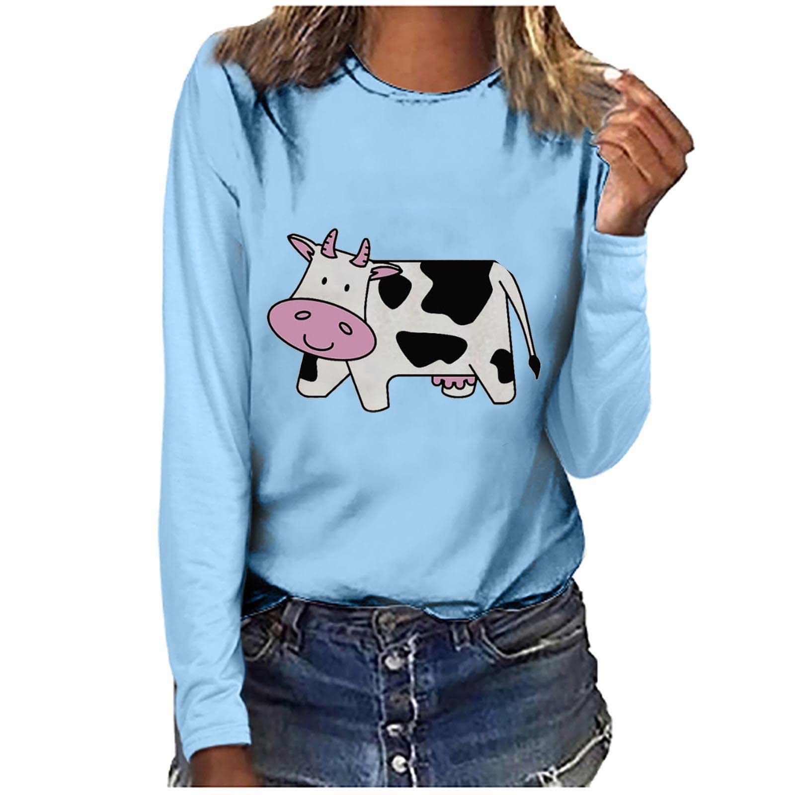 Women's Cute Cow Print Plus Size Blouse - Long Sleeve Crew Neck Loose Tunic Top Pullover Sweatshirt | Casual Wear for Work, Dates & Everyday Outfits