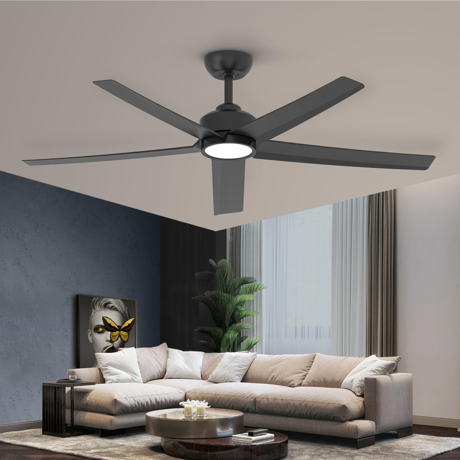 52 Inch Black Ceiling Fan with Light and Remote Control - 3CCT Adjustable, Quiet DC Motor, 5 Blades Modern Design for Living Room, Bedroom, Farmhouse - Energy Efficient Indoor Ceiling Fan with LED Light Kit