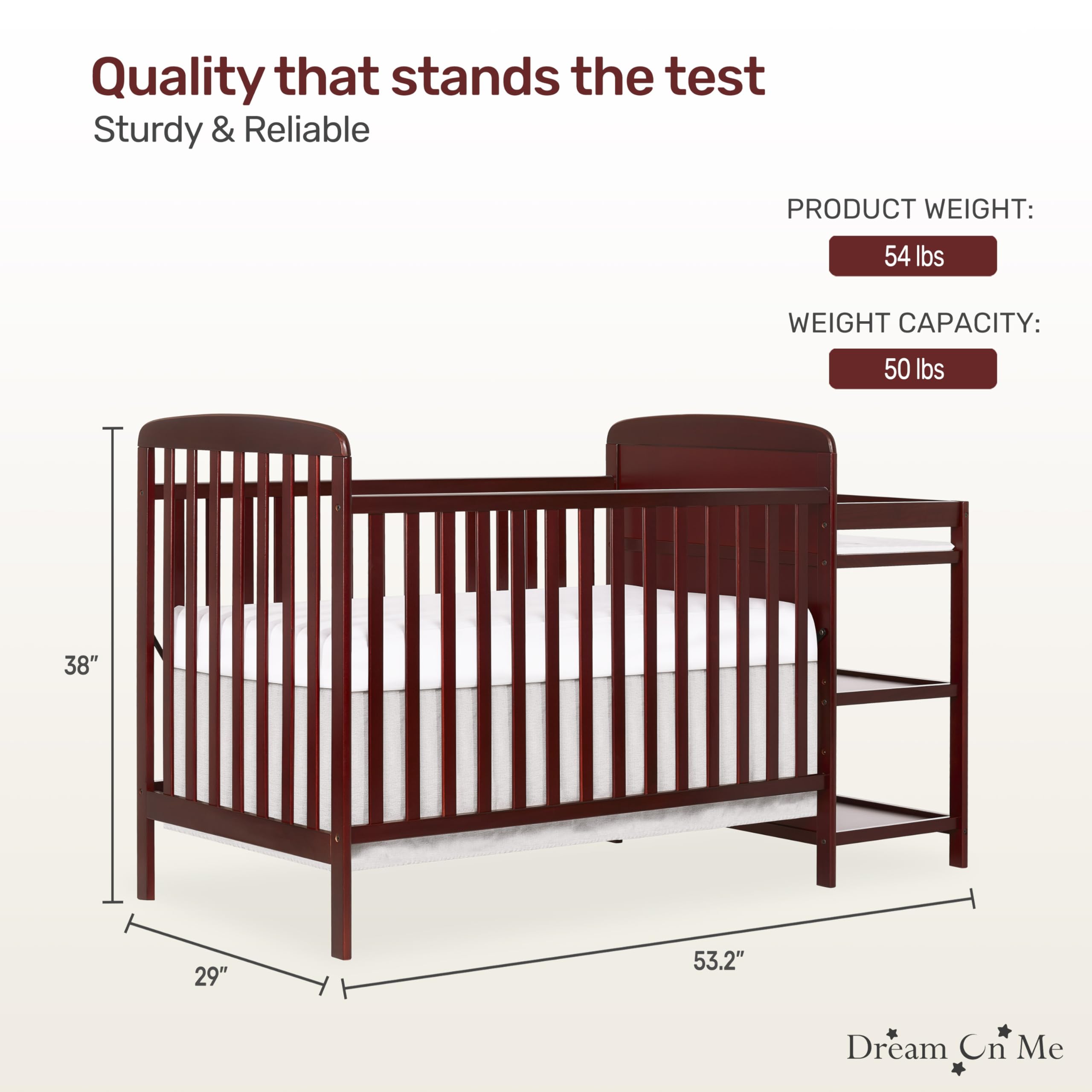 Dream On Me Anna 3-in-1 Convertible Crib with Changing Table - Cherry Wood, Greenguard Gold Certified, Non-Toxic Baby Nursery Furniture Set with 1