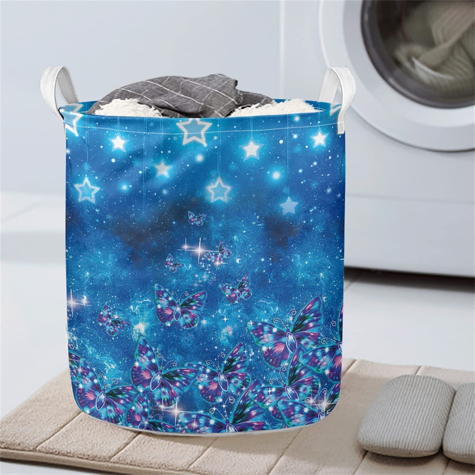 Galaxy Butterfly Blue Laundry Basket with Handles - 18.5x16.1 Inch Storage Hamper for Clothes, Blankets, Toys & Pillows - Decorative Woven Basket for Bedroom, Living Room & Laundry Room Organization